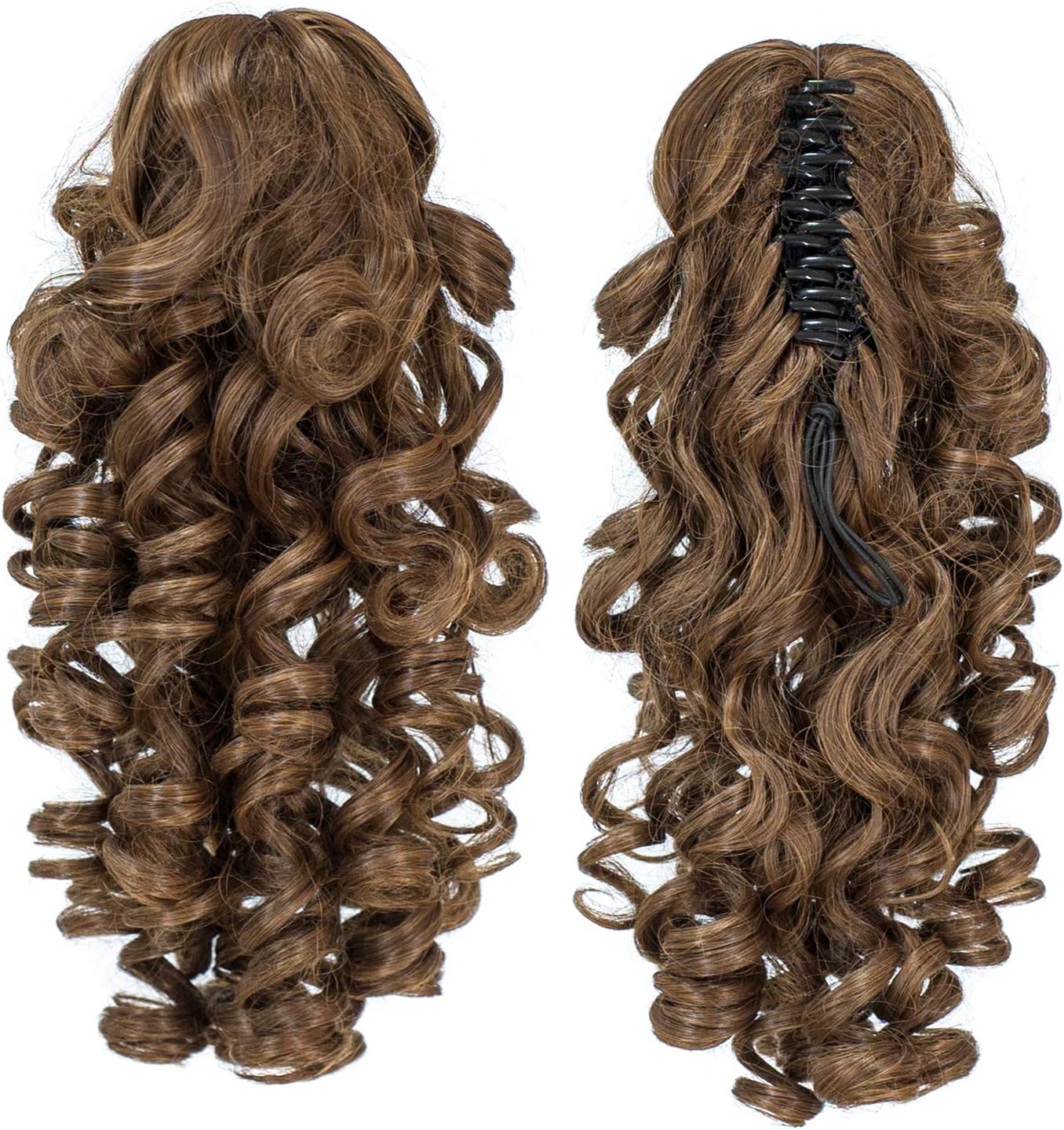 SWACC 12-Inch Short Screw Curls Claw Clip Ponytail Extensions Synthetic Clip in Drawstring Curly Ponytail Hairpiece Jaw Clip Hair Extension (Dark Brown Medium Auburn Mixed-4/30#)