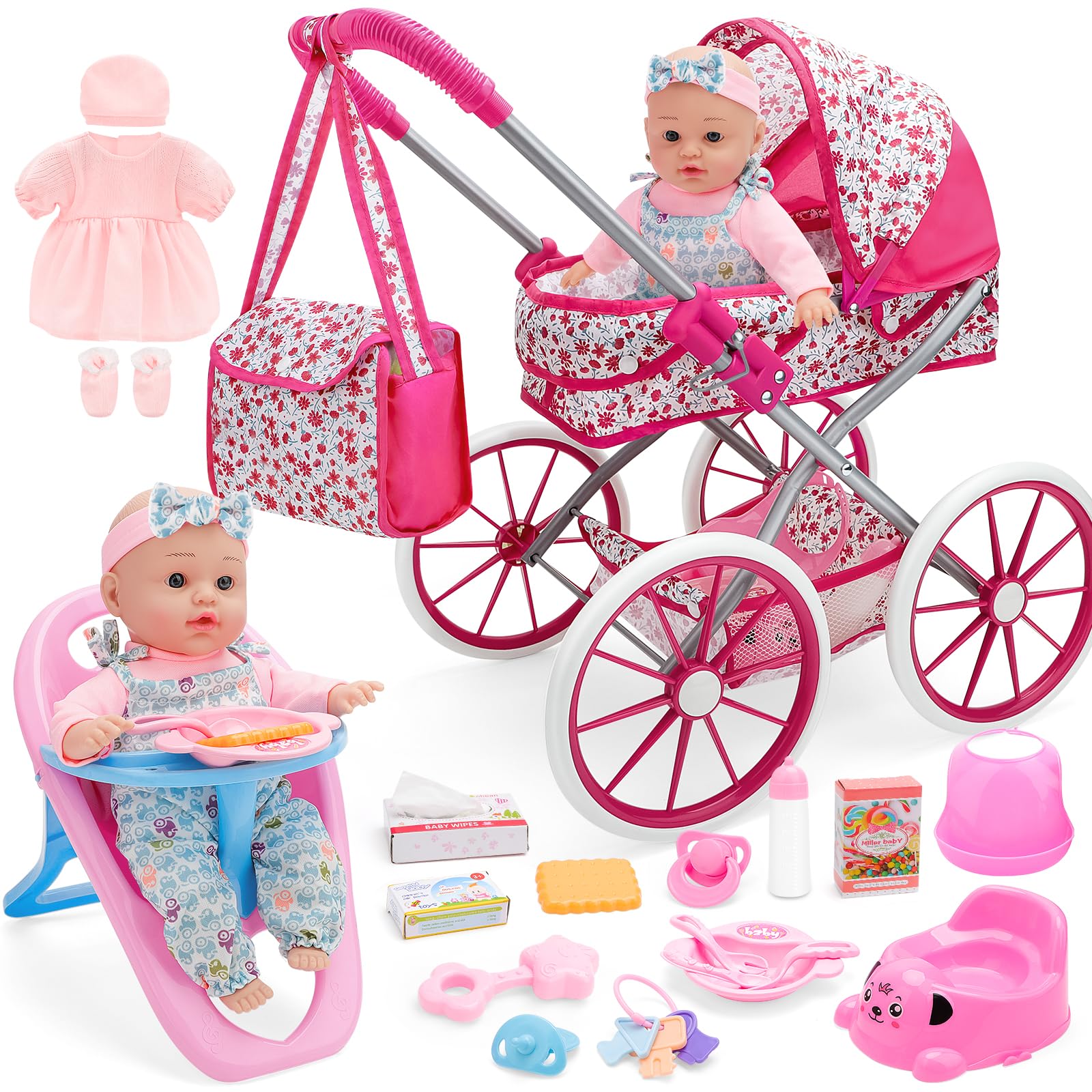 deAO Puppenwagen Set mit Babypuppe 30cm, Kinderwagen Hhe 51cm Puppen Buggy  mit Hochstuhl, Tasche, Tpfchen, Spielgeschirr, Kleidung & Zubehr  Rollenspiel Geschenk ab 3 Jahre fr Mdchen: Amazon.de: Spielzeug