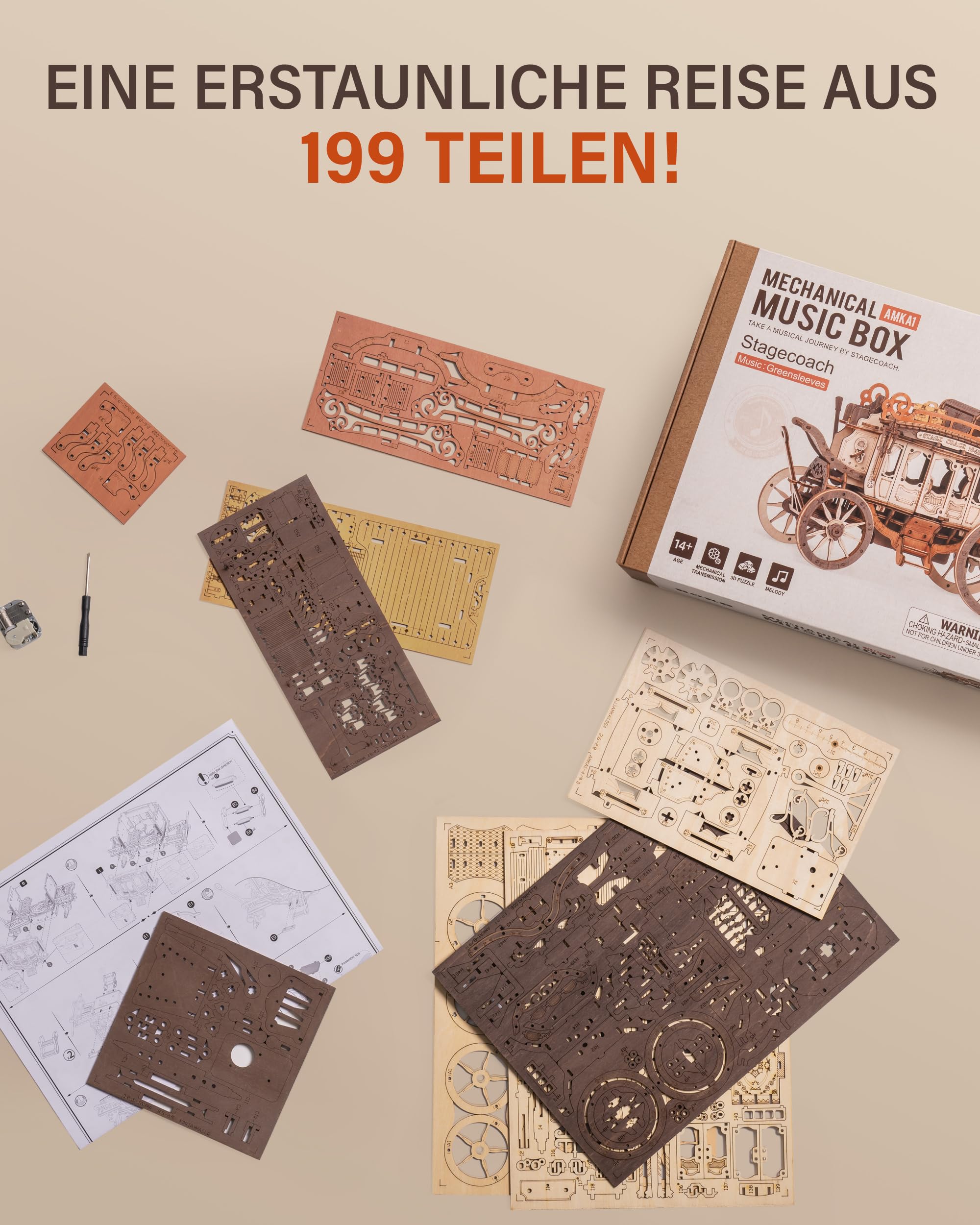 ROBOTIME 3D Holzpuzzle Spieldose, Holz Puzzle Modellbausatz Erwachsene, Modellbau Dekor, Geschenke für Teenager, Lasergeschnittene Stichsäge, Mechanisch - Postkutsche