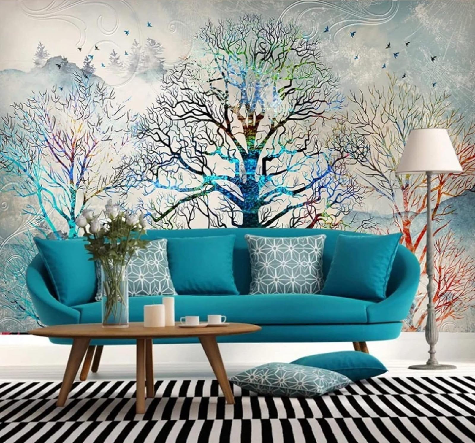 XLMING Hand Drawn Watercolour Forest Birds in Flight Landscape 3D Wallpaper Luxury Silk Study Dining Feature Sofa Grey Bedroom Living Room Tv Decorative Wall-200cm×140cm