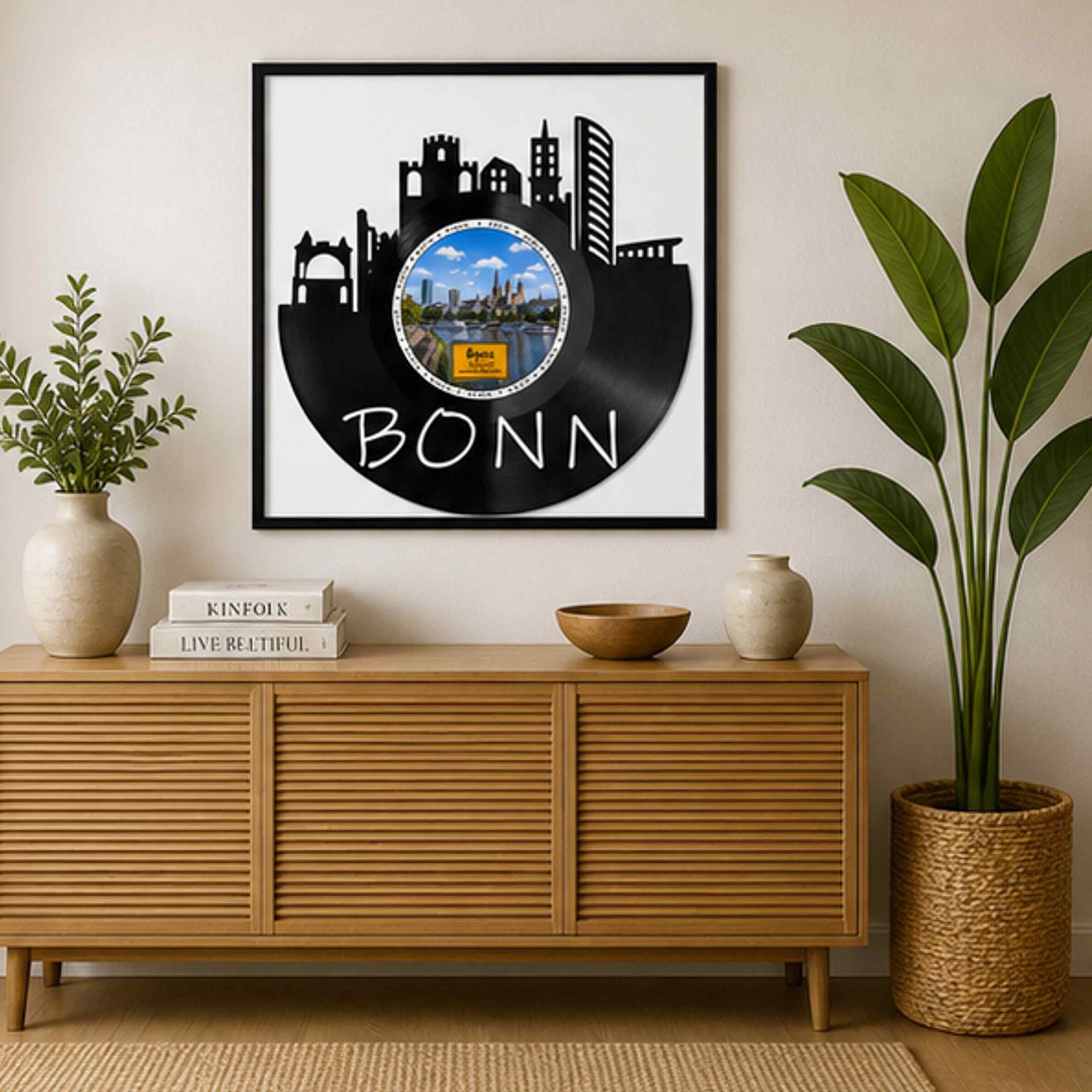EVEVO Bonn - Decorazione da parete in vinile, con cornice, 32 x 32 cm, motivo: città federale, regalo per gli amanti della musica