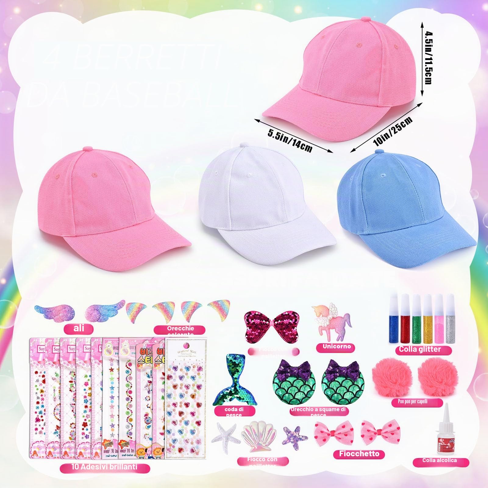 vamei Regalo per Ragazza 4 5 6 7 8 9 10 11 Anni Fai Da Te Cappellino da Baseball DIY Berretto con Adesivi per Unicorno Strass Decora Cappellino da Baseball Regali di Compleanno Ragazza