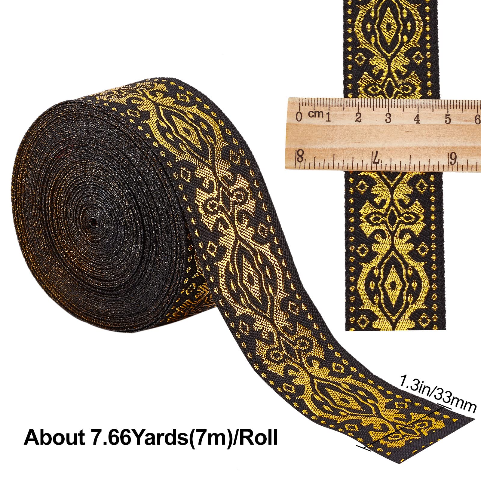 GORGECRAFT Ethnic Jacquard Ribbon 33mm Wide Double Side Gold Floral Embroidery Polyester Woven Ribbons Black Trim Fringe Band for DIY Sewing Crafts Clothing Curtain Home Embellishment Accessories - Image 2