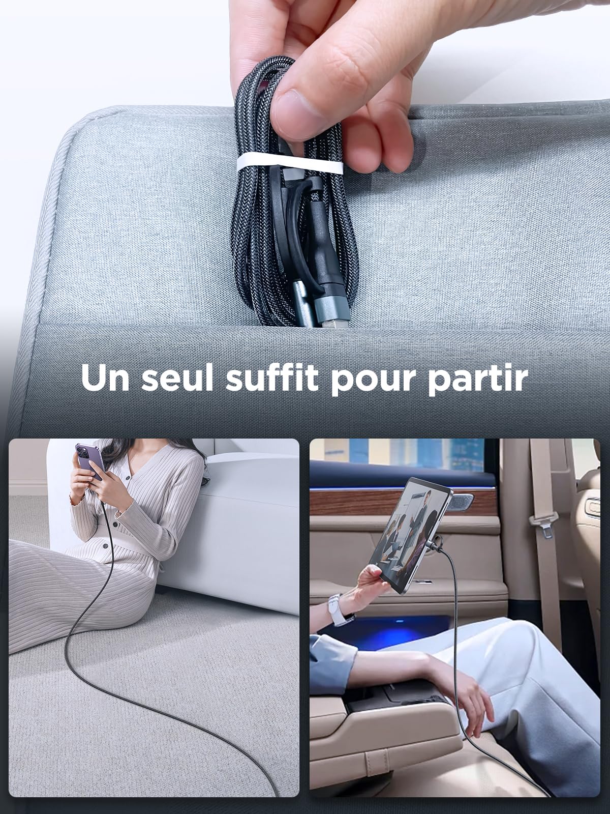 Câble Multi USB 4 en 1 [1M] Cable Universel Cable iPhone USB C Charge Rapide Multi Chargeur USB C Nylon Tressé Câble USBC vers Lightning pour iPhone 17/16/15/14, Galaxy S24/S23, Huawei