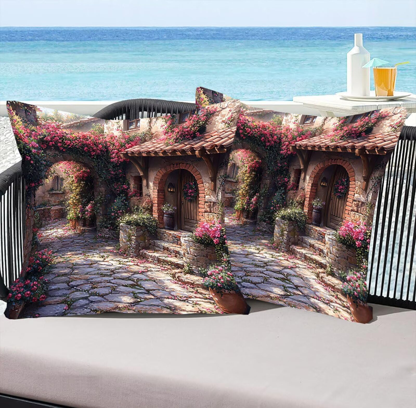 Garten Samt Kissenbezug 60 x 60 cm 2er Set Kissenhülle Sofakissen Samtkissen Dekorative Dekokissen Couchkissen Zierkissen Quadrat Wurfkissenbezug Verstecktem Reißverschluss Wohnzimmer Häuser 0P-363