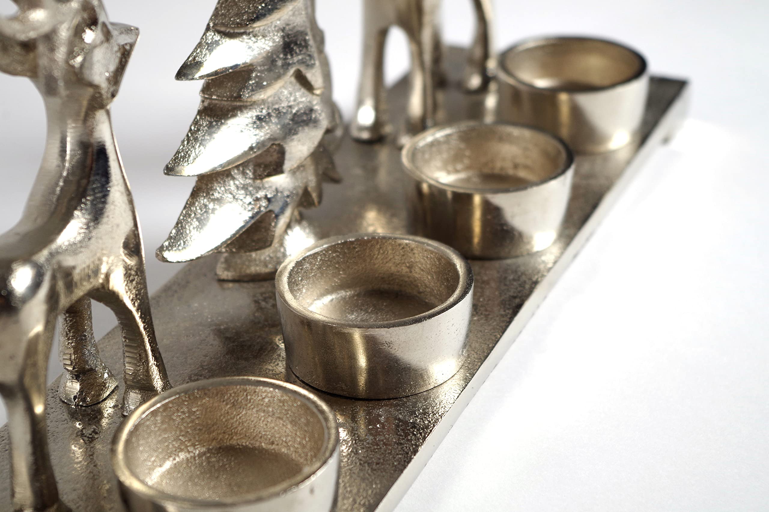 Kobolo Kerzenhalter Teelichthalter -Weihnachtsbaum+Rentiere- Metall - Silber - 33x10x17 cm