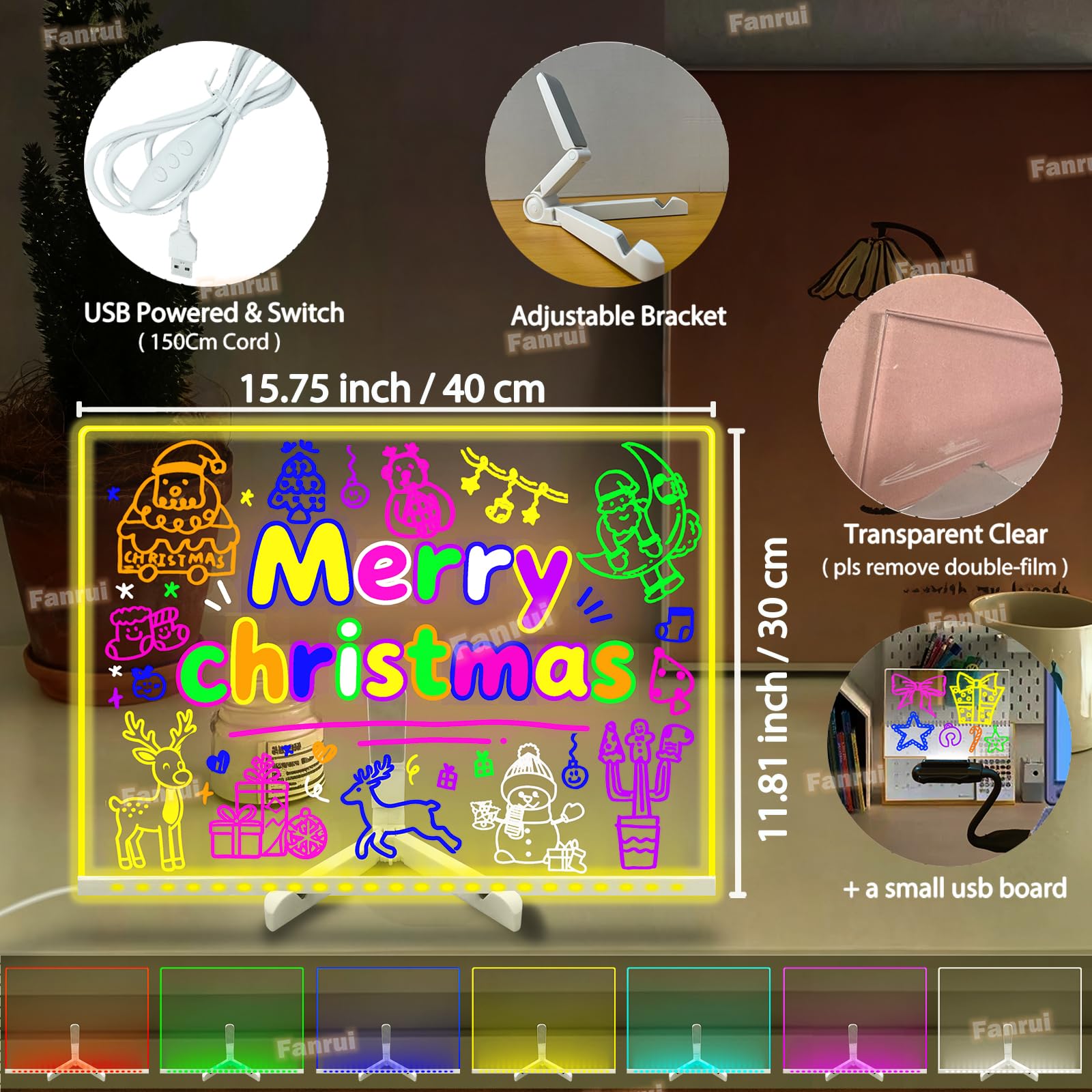 Fanrui LED-beleuchtetes Whiteboard, 40 x 30 cm, Fernbedienung, 7 Farbwechsel, Timer und Dimmer, trocken abwischbares Zeichenbrett für Kinder, leuchtender Memo-Planer für Büro, Schule, Zuhause