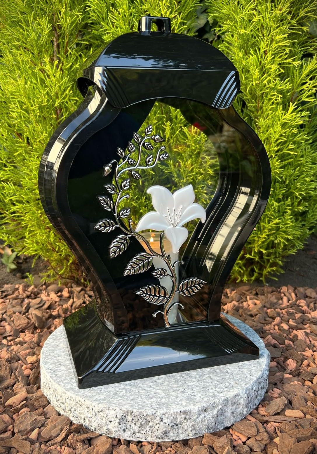 Lampe funéraire AURUM - Lanterne funéraire avec motif de fleurs - 35 cm H. - Bougie pour tombe - Décoration funéraire avec bougie (sans socle)