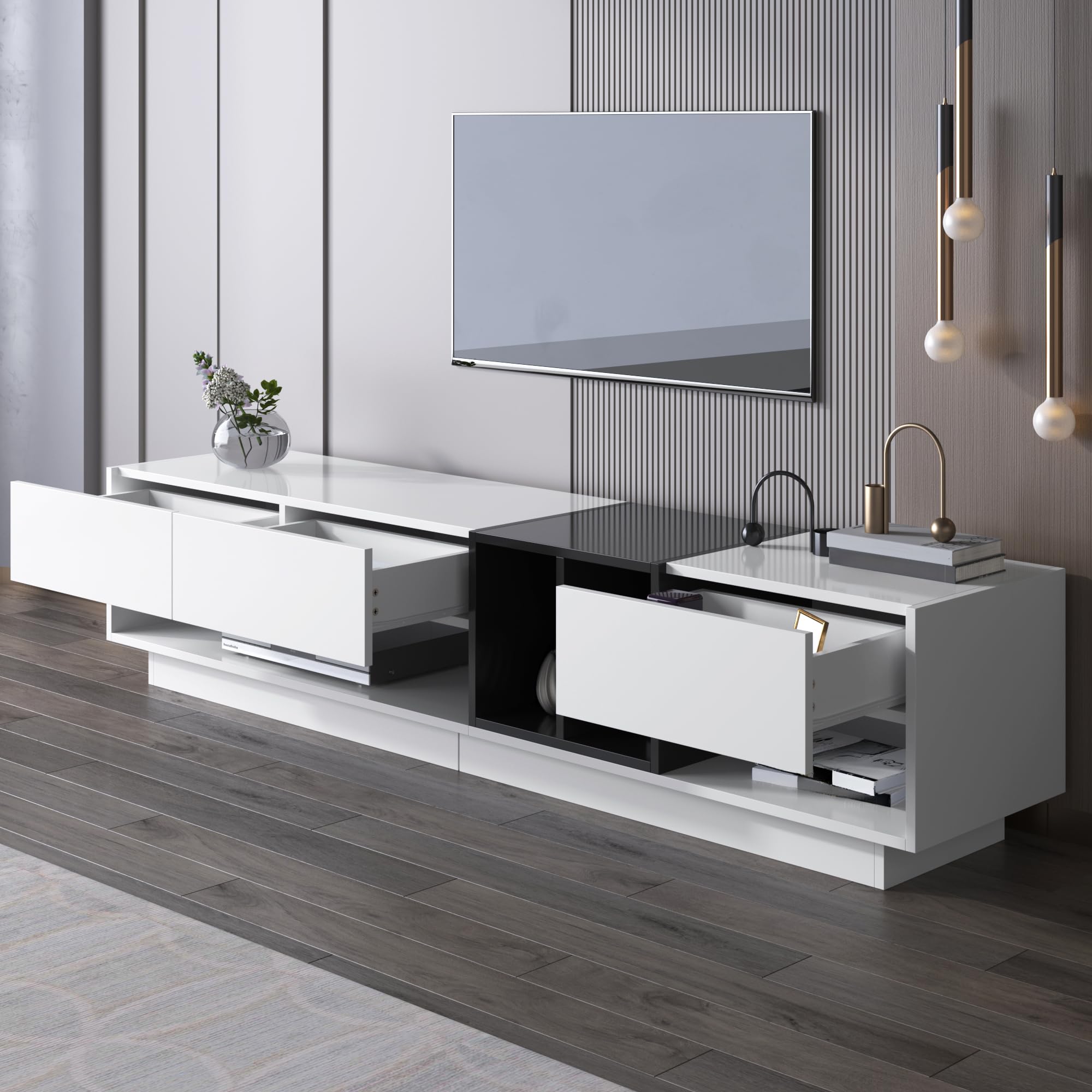 szafka pod telewizor 190 cm wysoki połysk biały i czarny, stolik pod telewizor z 2 otwartymi półkami i 3 szufladami, kredens salon w kolorze bloku design do telewizora 50-59 cali