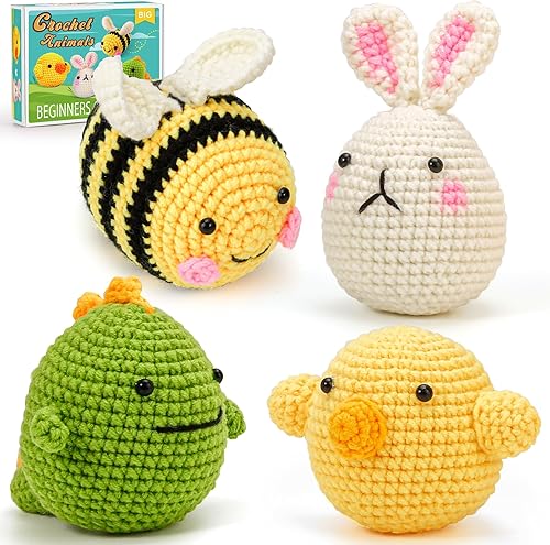 PP OPOUNT Kit de ganchillo para principiantes, 4 piezas de animales de ganchillo de gran tamaño, juego completo de ganchillo con instrucciones paso