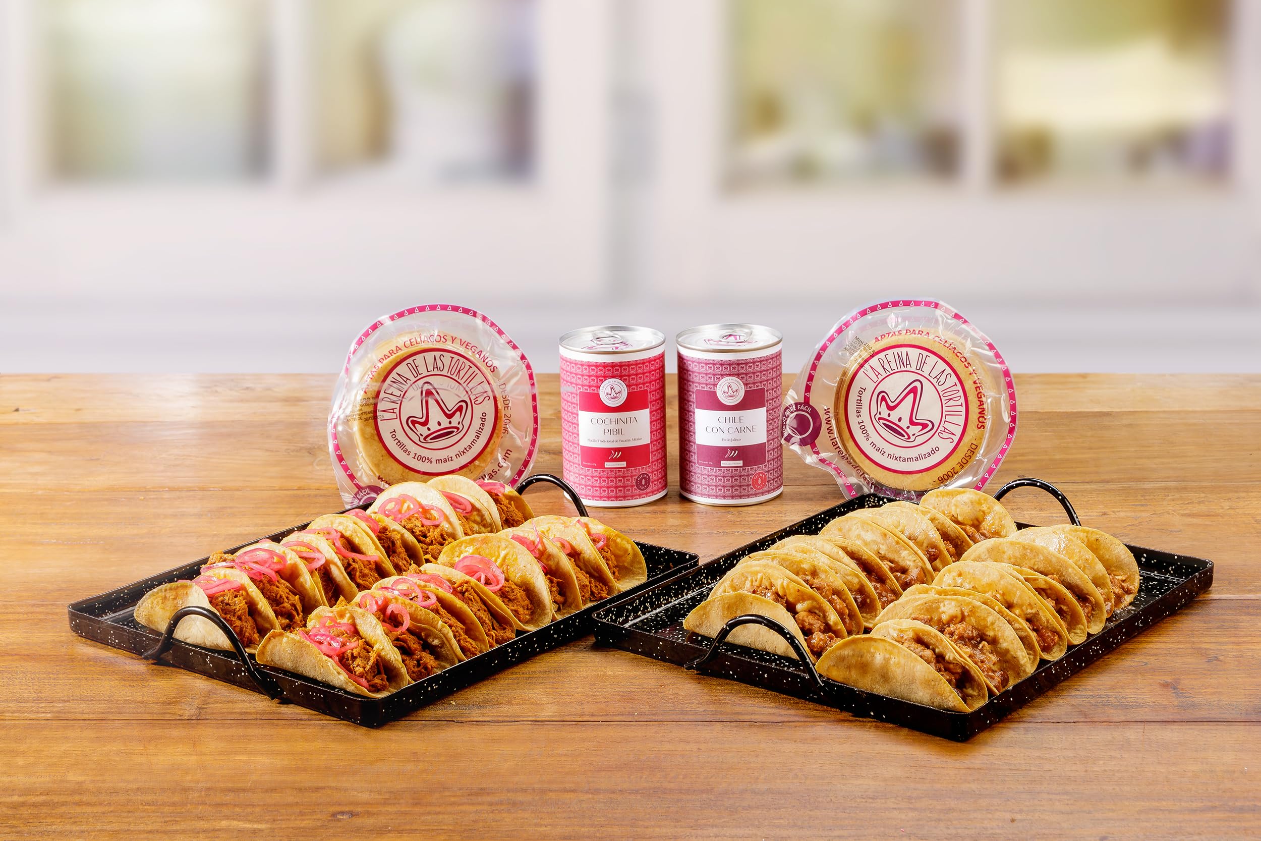 La Reina de las Tortillas - Kit de Tacos 3 en 1, sin gluten, incluye Cochinita Pibil, Chile con Carne y Tortillas de maíz