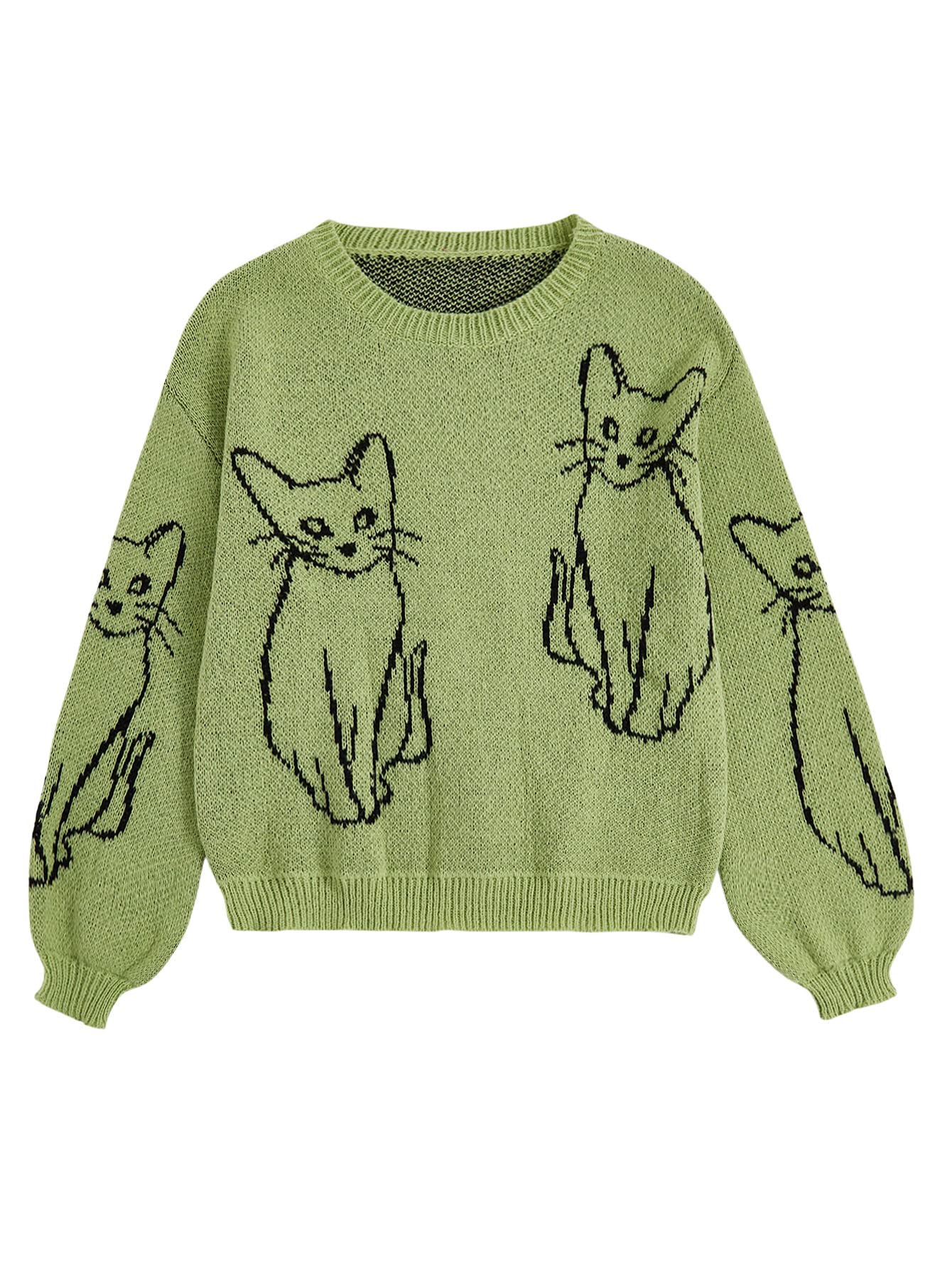 WDIRARA Womens Cartoon Cat Bishop Long Sleeve Round Neck Sweater Drop Shoulder Pullover Tops