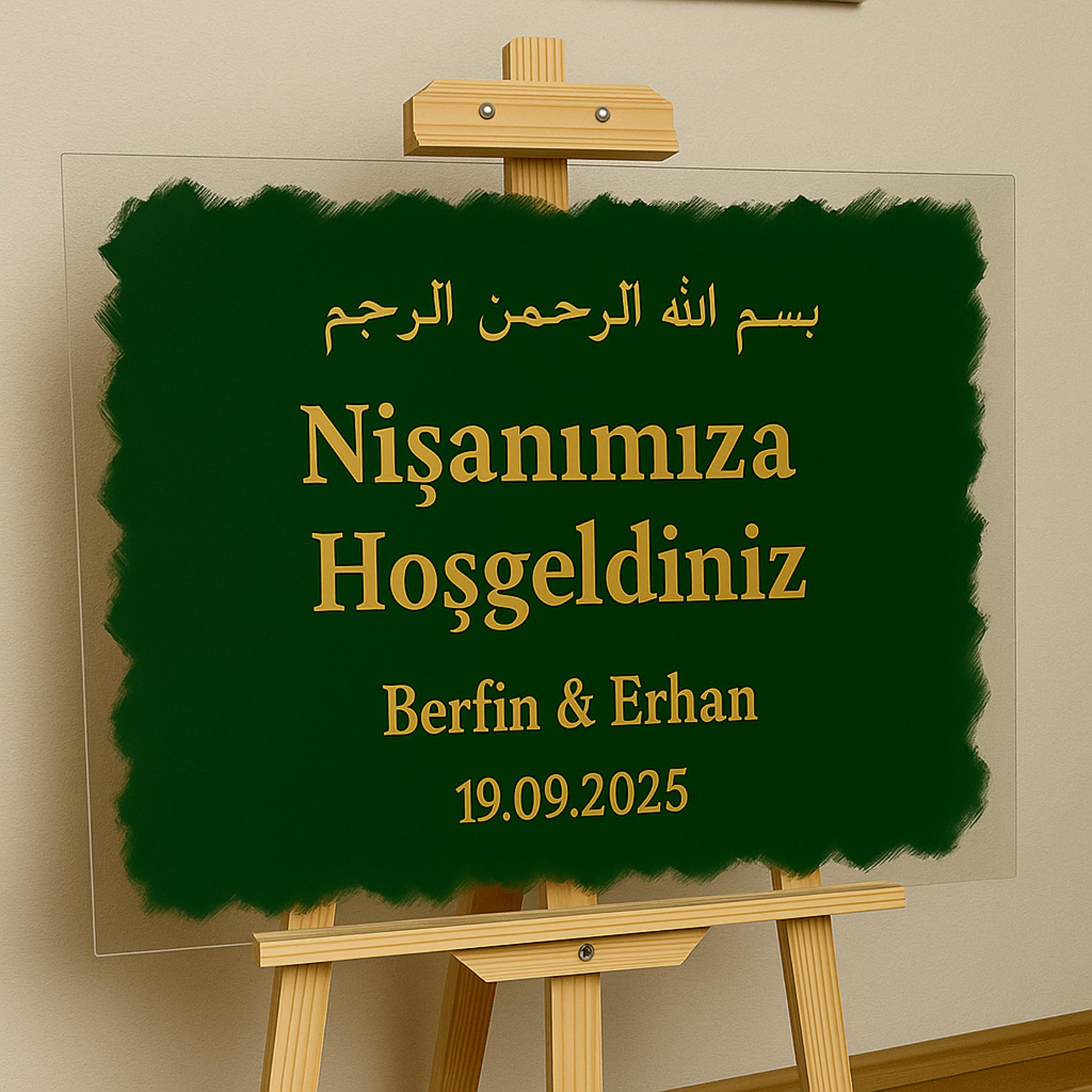 Willkommensschild Hochzeit Acryl personalisiert Goldene Schrift | Handbemaltes Acrylschild mit Namen & Datum | Modernes Hochzeitsschild | Individuelle Hochzeitsdekoration (Grün, 70 x 50 cm)
