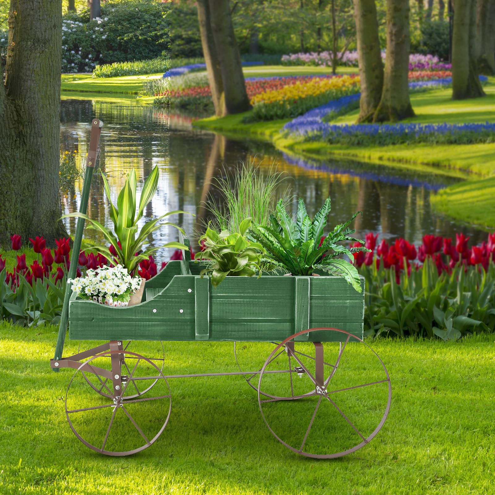 HOMASIS Carriola da Giardino in Legno, Carretto per Piante con Ruote Metalliche e 2 Scomparti, Vaso a Forma di Monociclo Decorativo per Giardino, Terrazza, Patio, 63x35x62,5cm (Verde)
