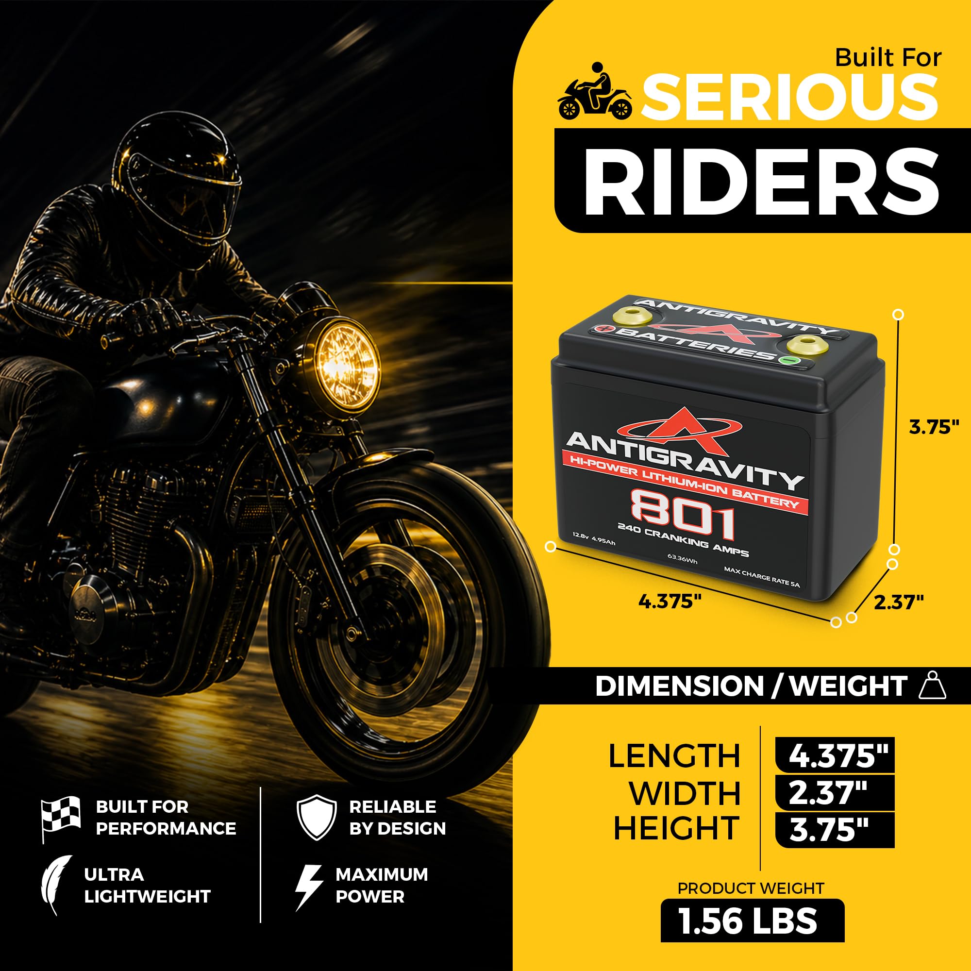 Antigravity Batteries AG-801 Small Case Lithium Starter Battery Lightweight High-Cranking Battery for Performance Motorcycles & Powersports No BMS product thumbnail 3