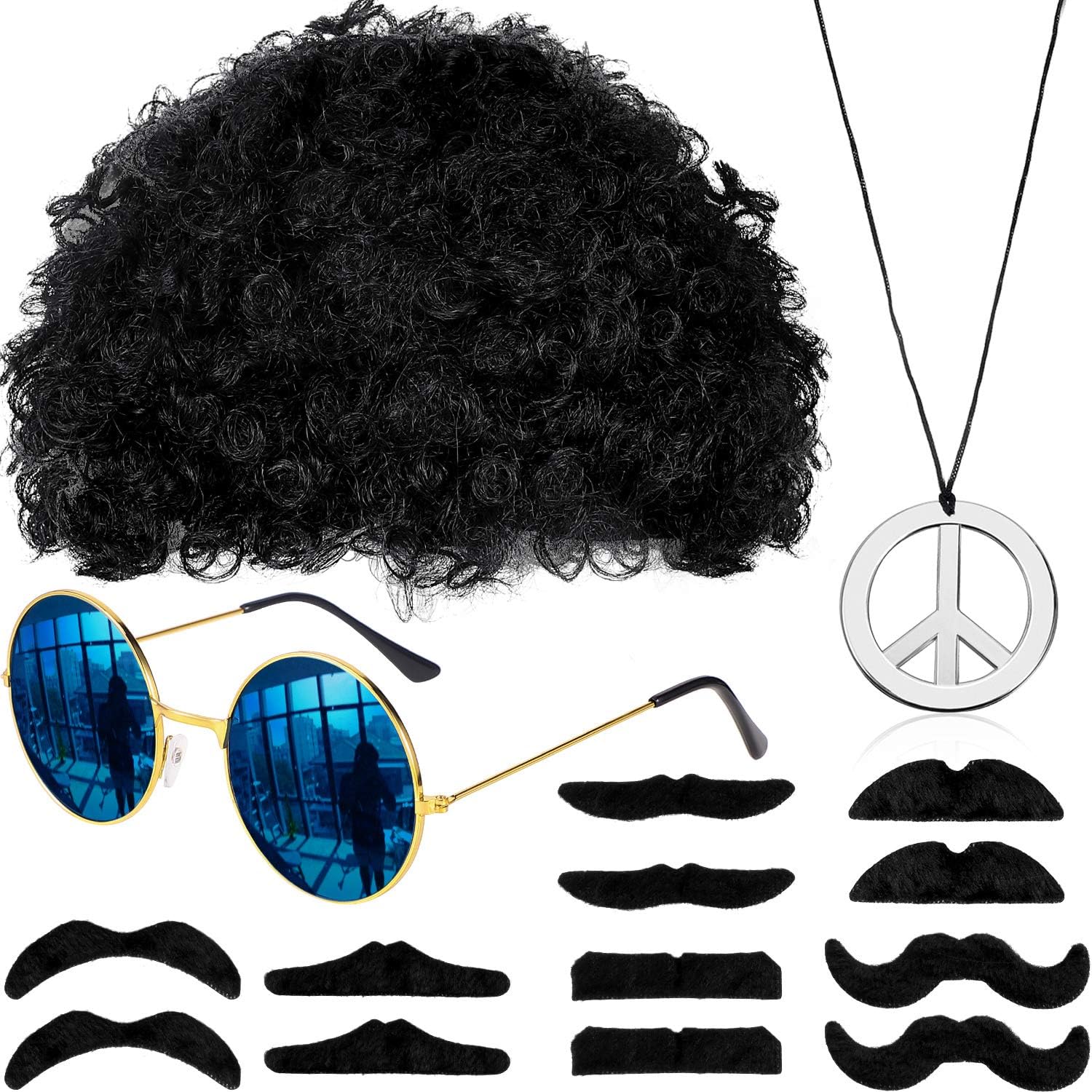 KASTWAVE Wig Men, 70s Black Wig for Men with Glasses Chain and Mustache Mens Short Black Curly Disco Costume Wigs 70's 80s Hippie Rocker Funny Cosplay Synthetic Wigs for Halloween Party