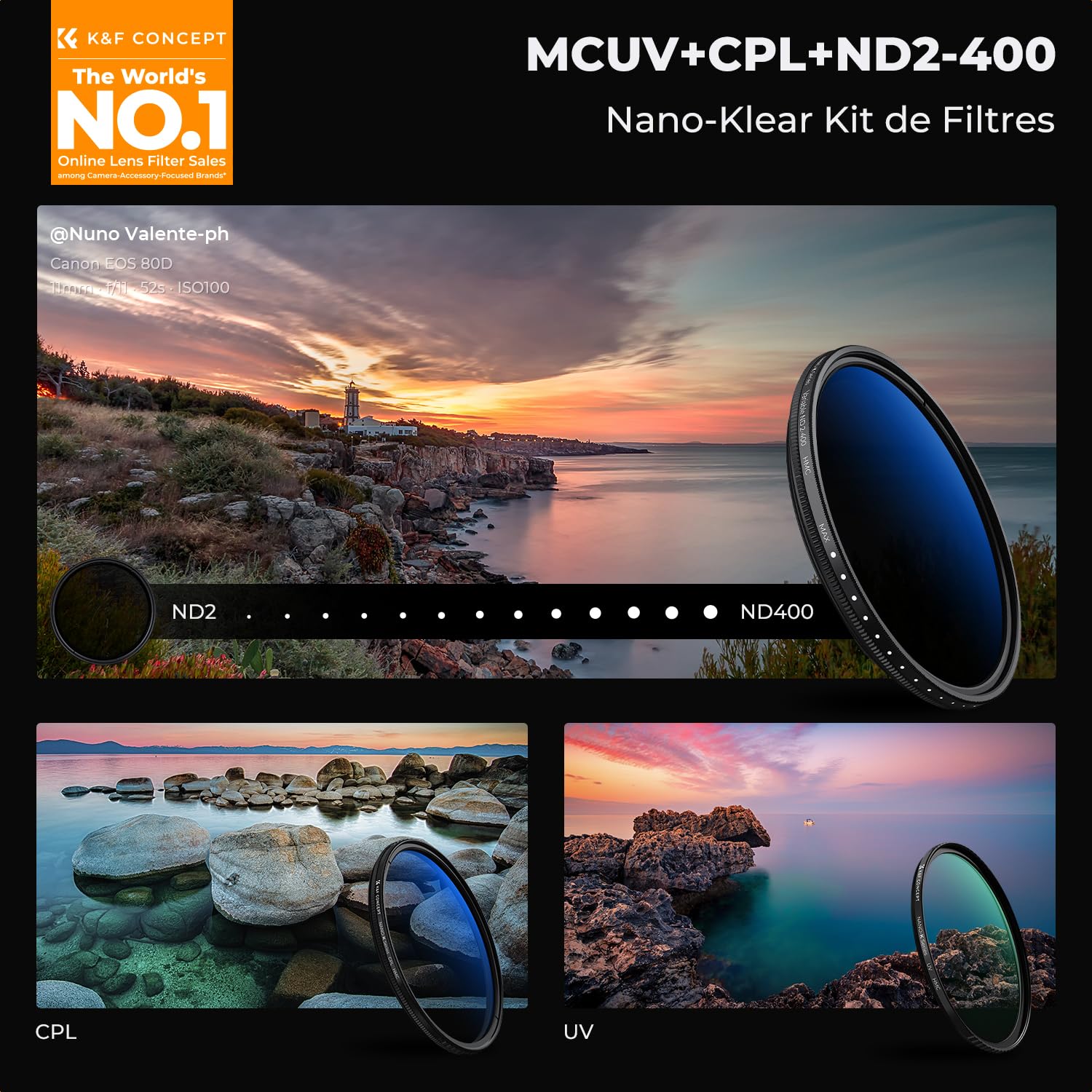 K&F CONCEPT 82mm Kit Filtre UV et Polarisant CPL et ND2-400 Variable et Chiffon pour Objectif Appareil Photo
