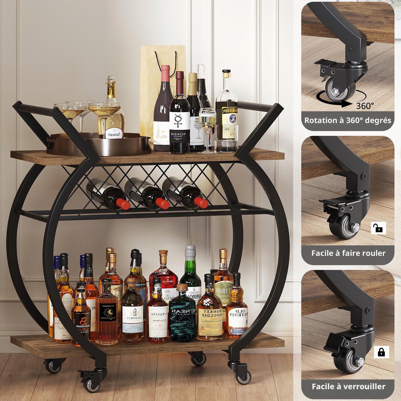 LVB Chariot Bar À roulettes Métal Rangement Bouteille Cuisine Brun Rustique | Desserte Cuisine Salon Rangement Bouteilles Spiritueux Aperitif Roulettes Silencieuses Design Bois Métal Intérieur Exterieur