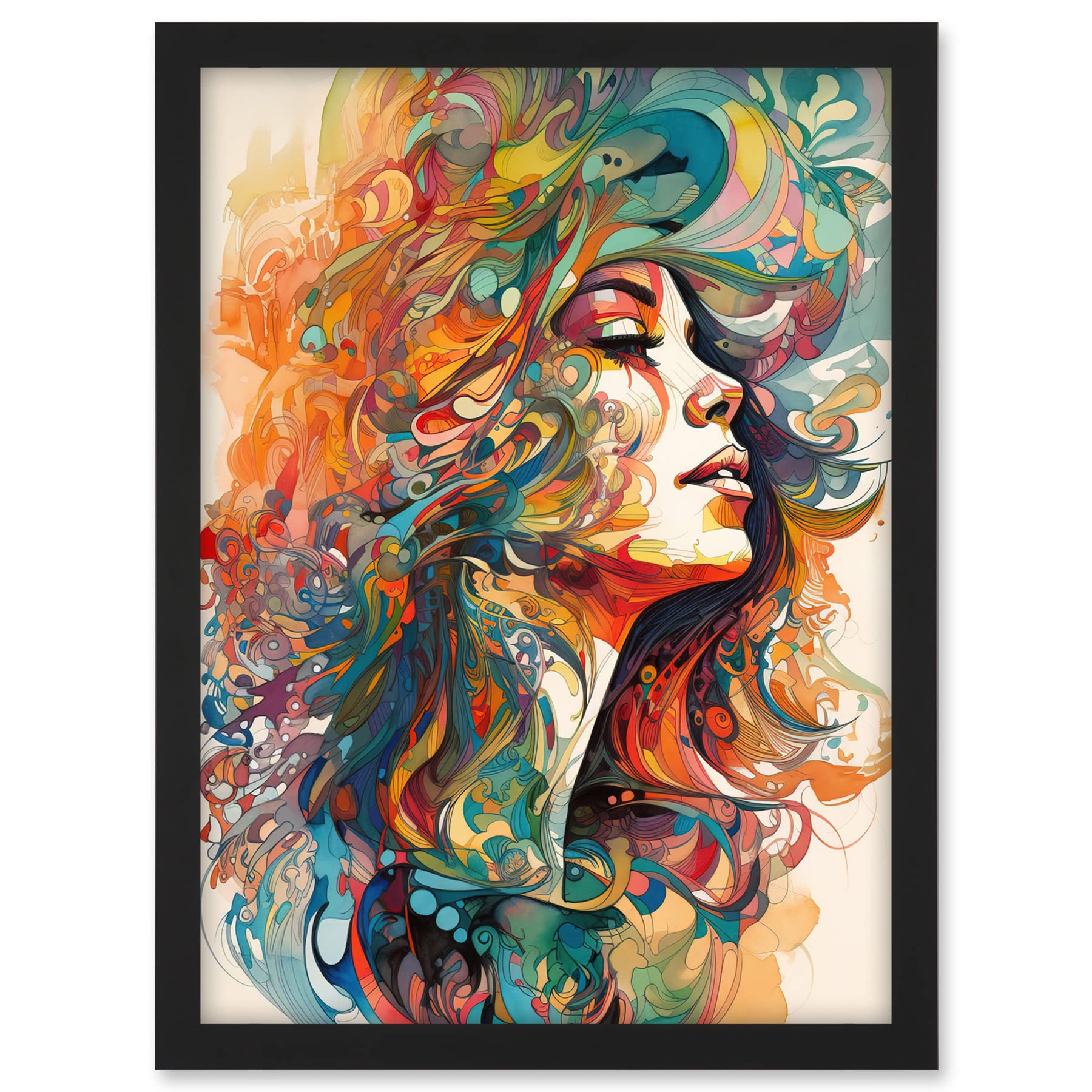 Artery8 Iris Goddess of Rainbows Multicoloured Flowing Hair Deity Portrait Modern Watercolour Illustration Artwork Framed A3 Wall Art Print