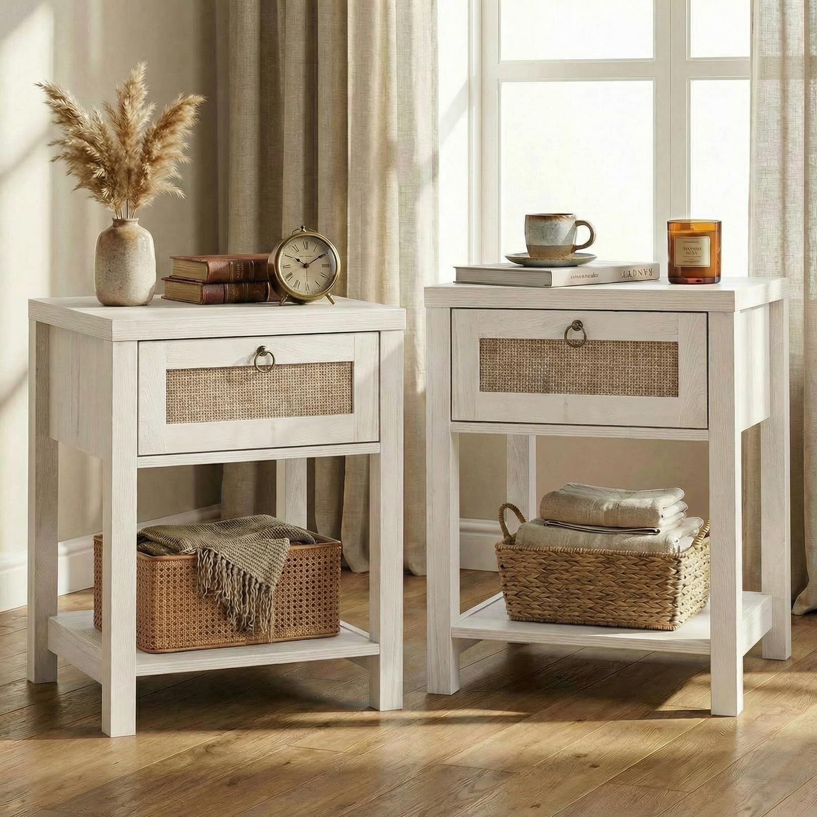 VOWNER Rattan Nachttisch Set 2er, Landhausstil Beistelltisch mit Schublade und Ablage, Böhmischer Sideboard für Schlafzimmer, Wohnzimmer, Flur, Gästebuchregal, 45 x 39 x 59cm (Eiche hell)