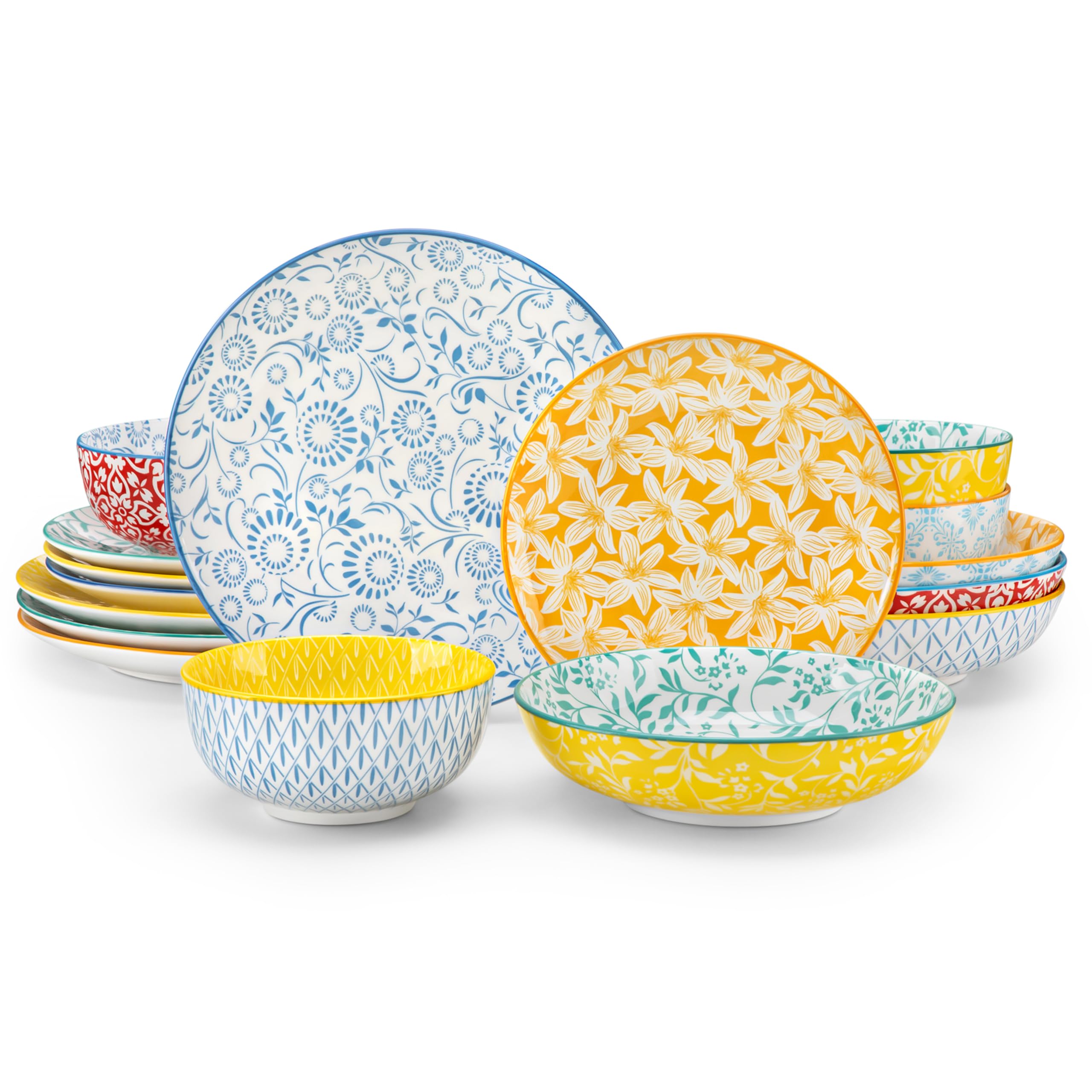 vancasso Selene Colorful Floral Dinnerware Sets for 4, 16 Pieces Porcelain Crockery Set with Dinner Plates/Dessert Plates/Pasta Bowls/Cereal Bowls, Mircowave & Dishwasher Safe, Scratch Resistant