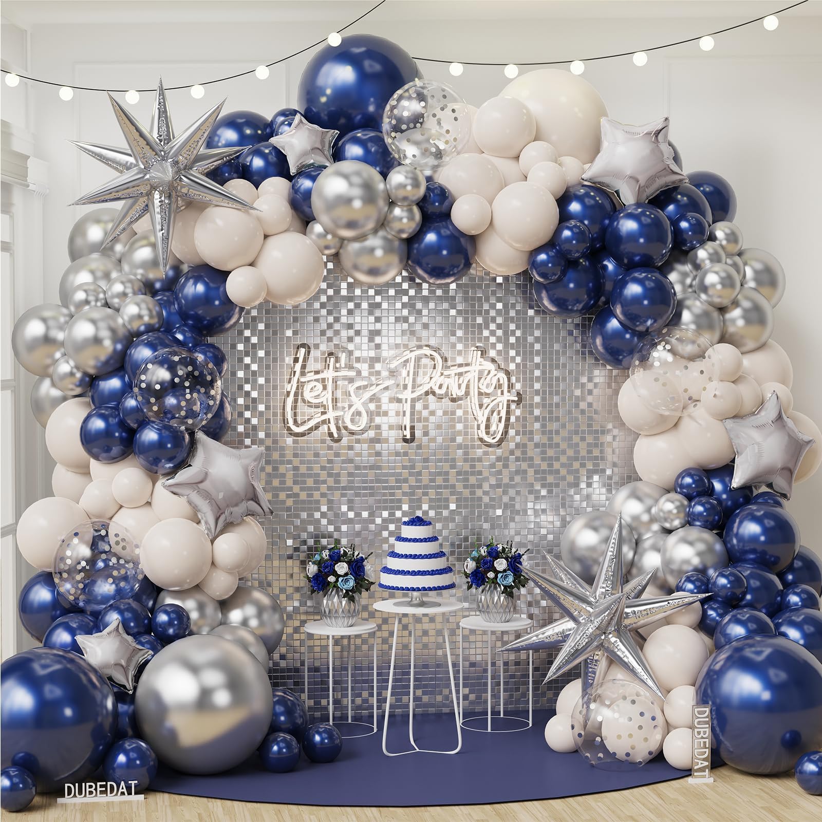 Navy Blue Sliver Sand white Balloon Garland Arch Kit, Royal Blue White Metallic Sliver Confetti Mixed Sizes Balloons for Anniversary Baby Shower Wedding Birthday Party Decorations