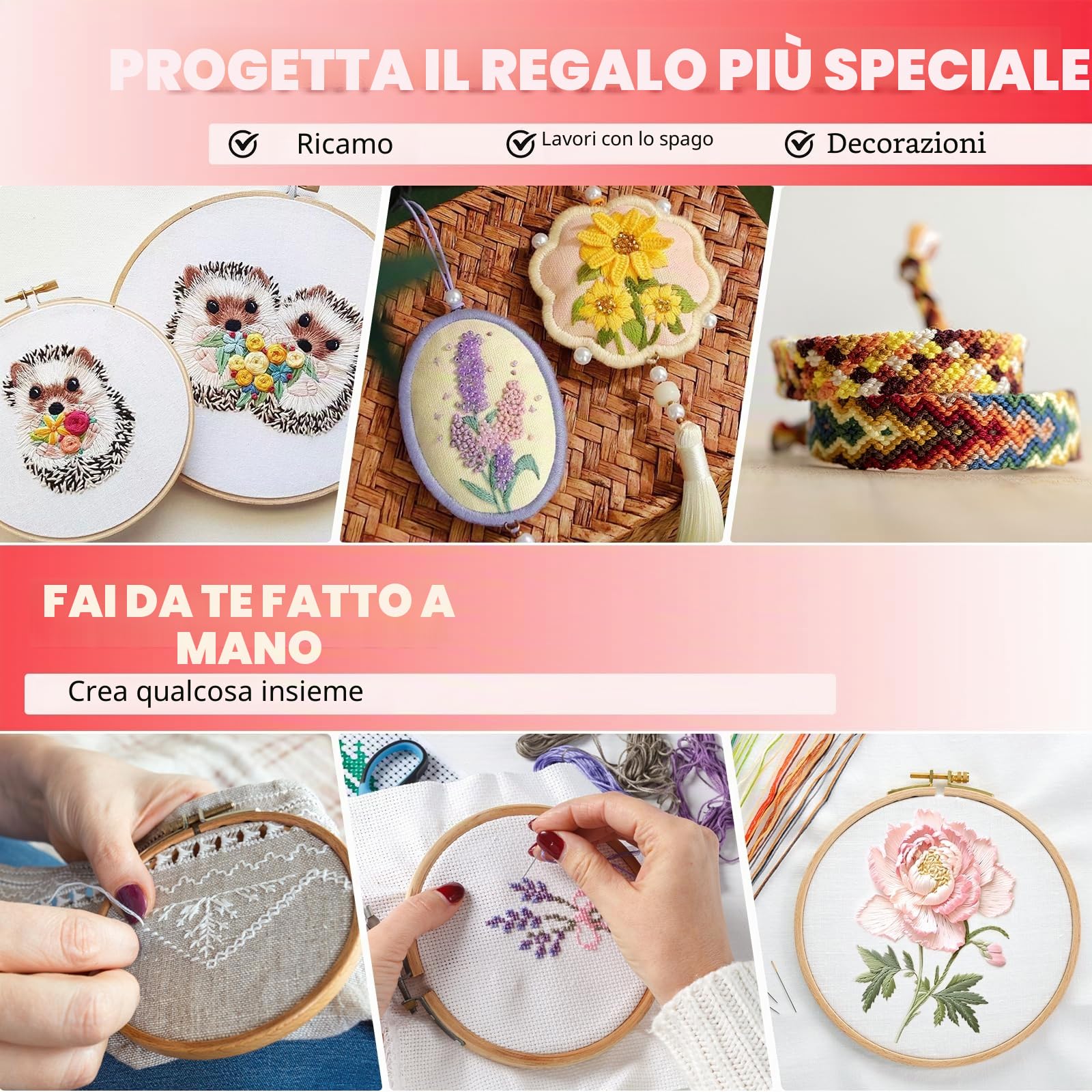 Romon Filo da Ricamo, Kit da Ricamare Braccialetti Kit Punto Croce con 5 Cerchi In Bambù, 100 Fili Colorati, 3 Pezzi di Tela Aida e Strumenti per il Cucito