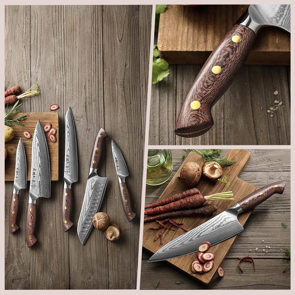 HEZHEN Damasco Set di Coltelli da Cucina Acciaio, Set di Coltelli da Chef Professionali in Acciaio Damasco con Ceppo Portacoltelli Magnetico a Doppia Faccia, Blocco Coltelli da Cucina in Legno di Uliv