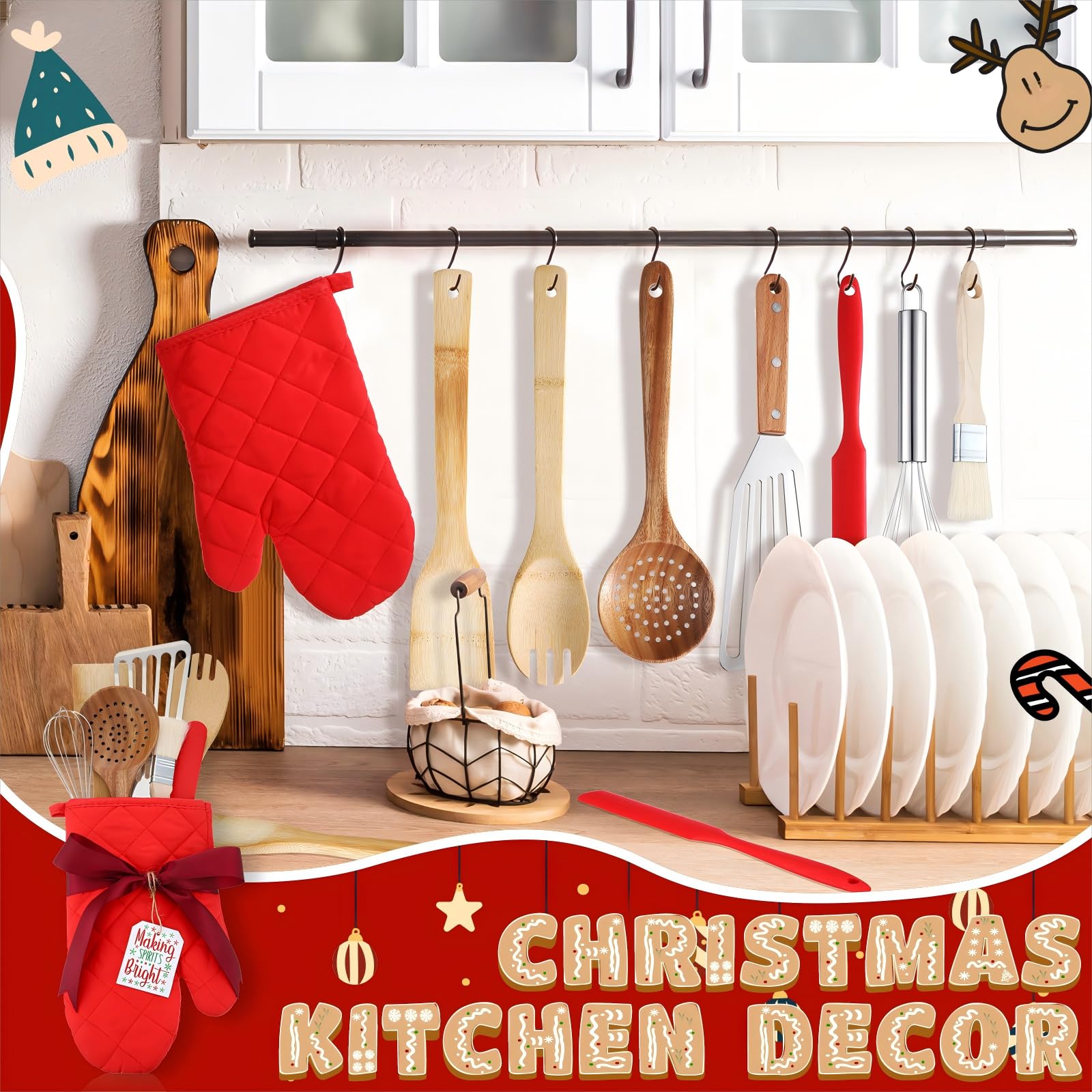 Roshtia Juego de guantes de horno rojos de Navidad, juego de regalo de Navidad para hornear que incluye guantes de horno resistentes al calor, raspadores, batidores, espátulas, coladores para amigos