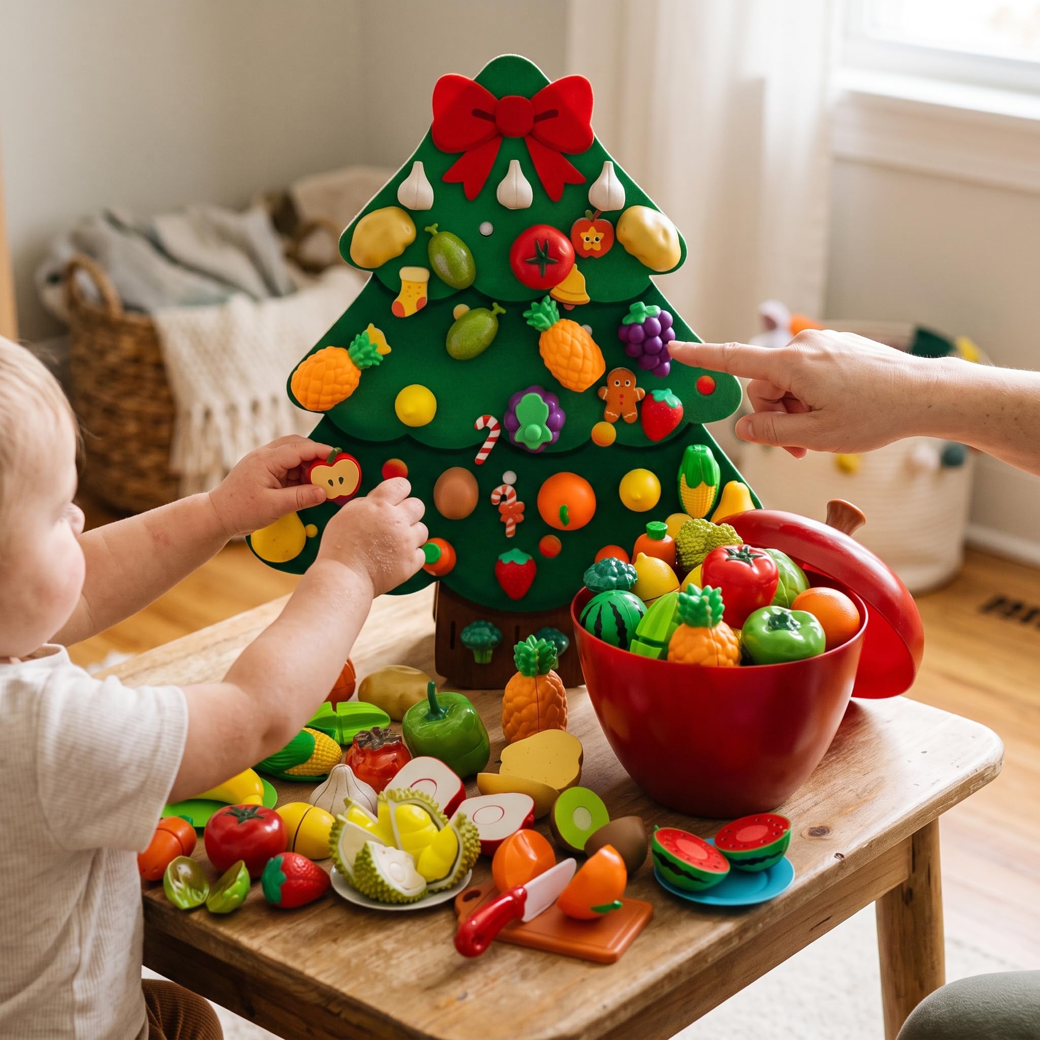 Filz Busyboard für s und, Pädagogisches Lernspielzeug und tafel, mit Obstmotiv, Grüner großer Weihnachtsbaum + 32 Apfel-Eimer-Schneidespielzeuge, 75 * 60 cm