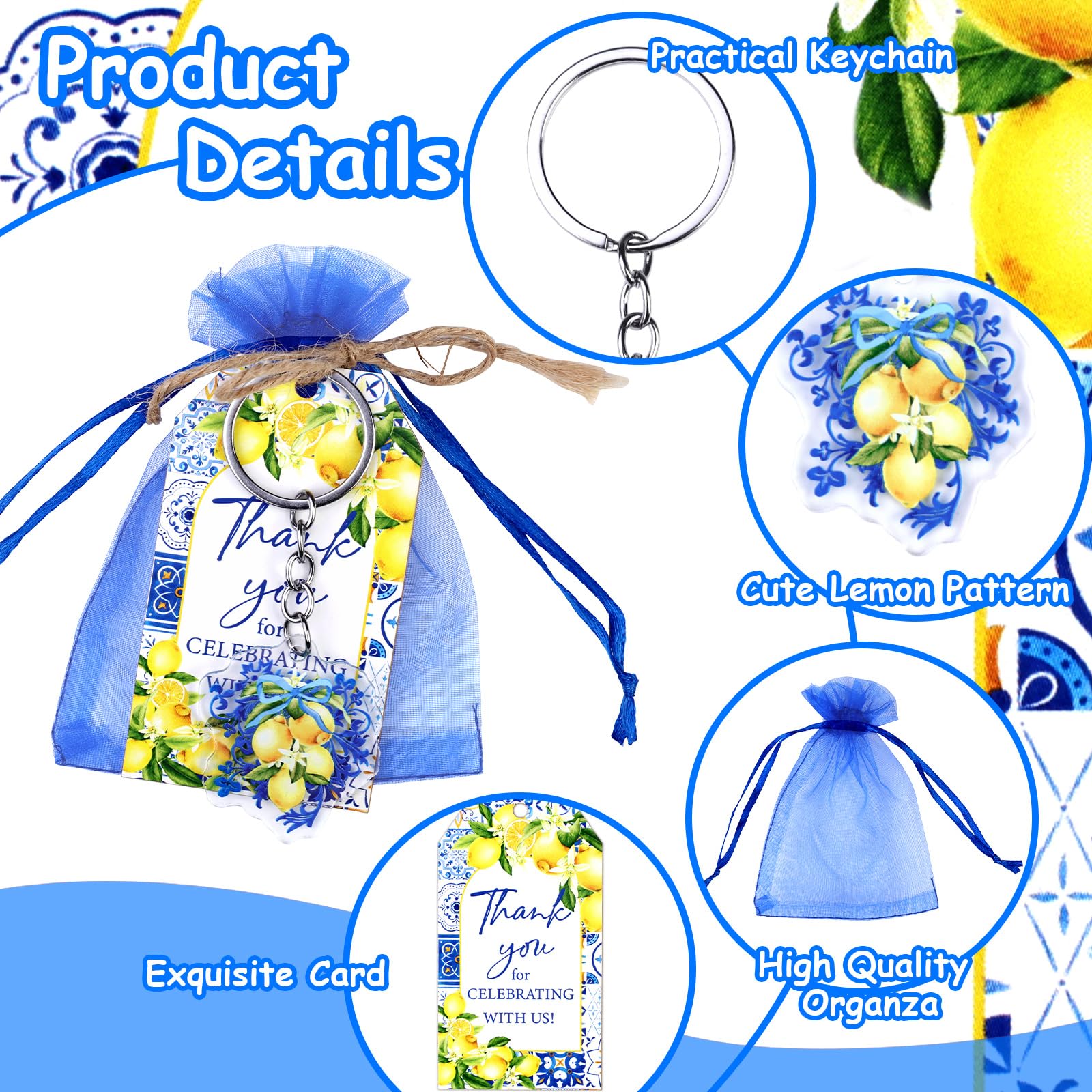 Serencatcher Lot de 72 cadeaux de fête au citron avec porte-clés en organza bleu avec cordon de serrage pour fête prénatale au citron « She Found Her Main Squeeze »