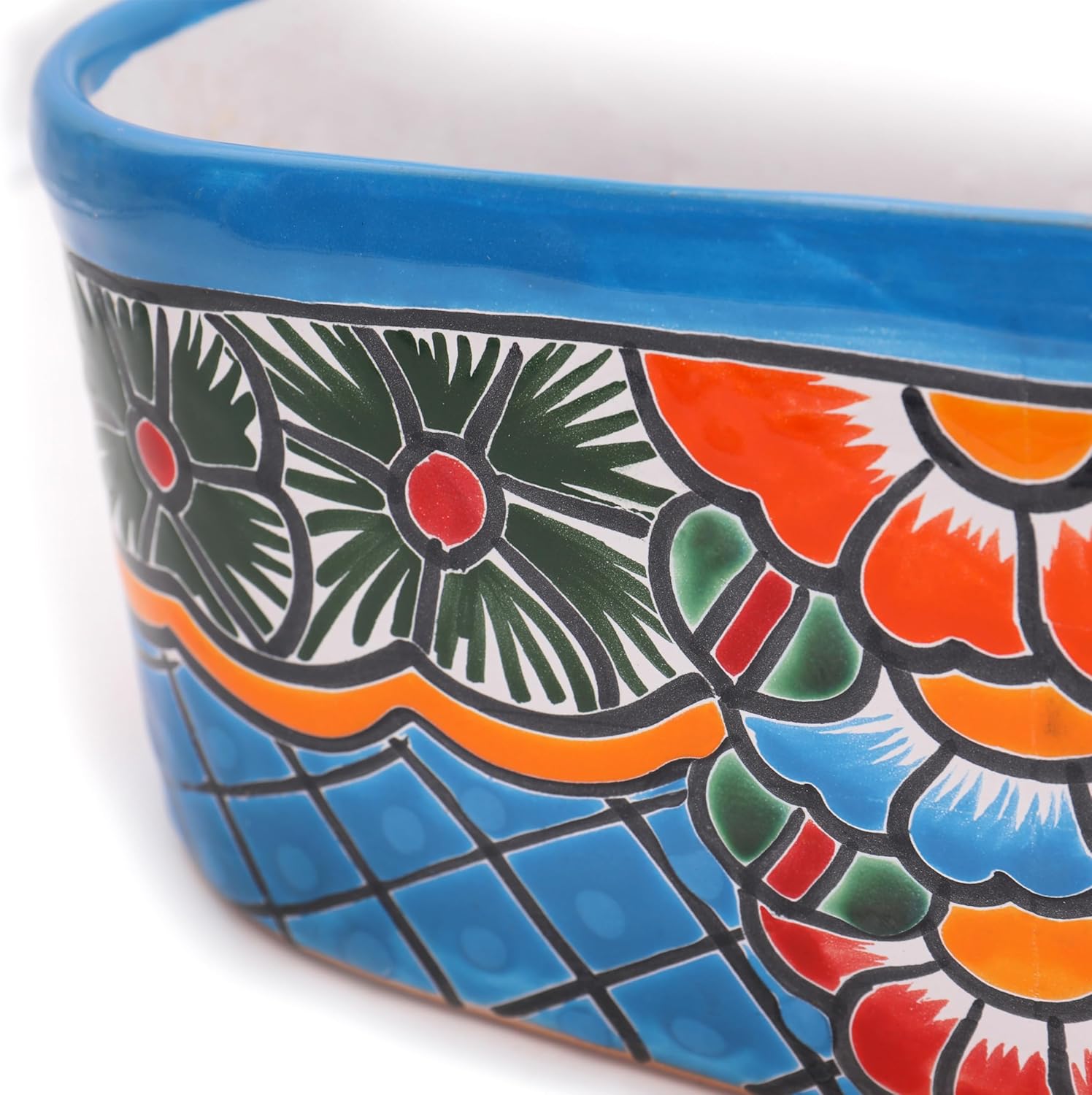 Evergreen Garden Talavera Mexican Pottery Ceramic 13 in. Turquoise Ledge Planter | Flower Pot Plant Succulent | Indoor Outdoor