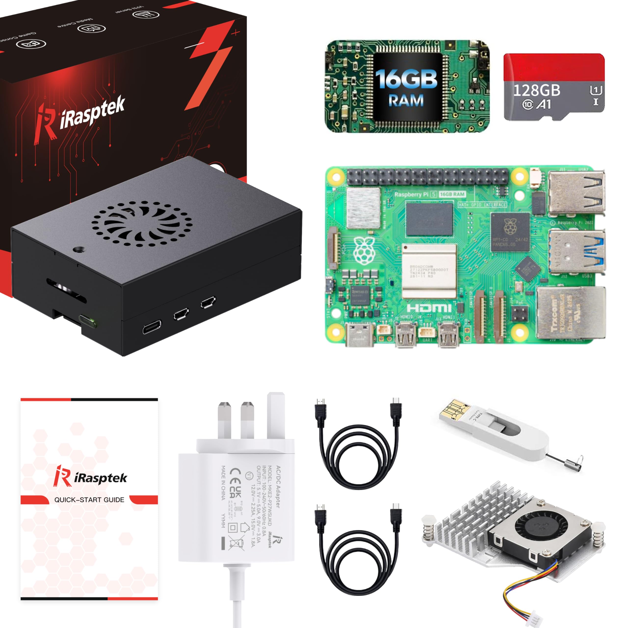 iRasptek Zestaw startowy do Raspberry Pi 5 RAM 16 GB - 128 GB edycja OS-Bookworm wstępnie załadowany (aluminiowa obudowa)