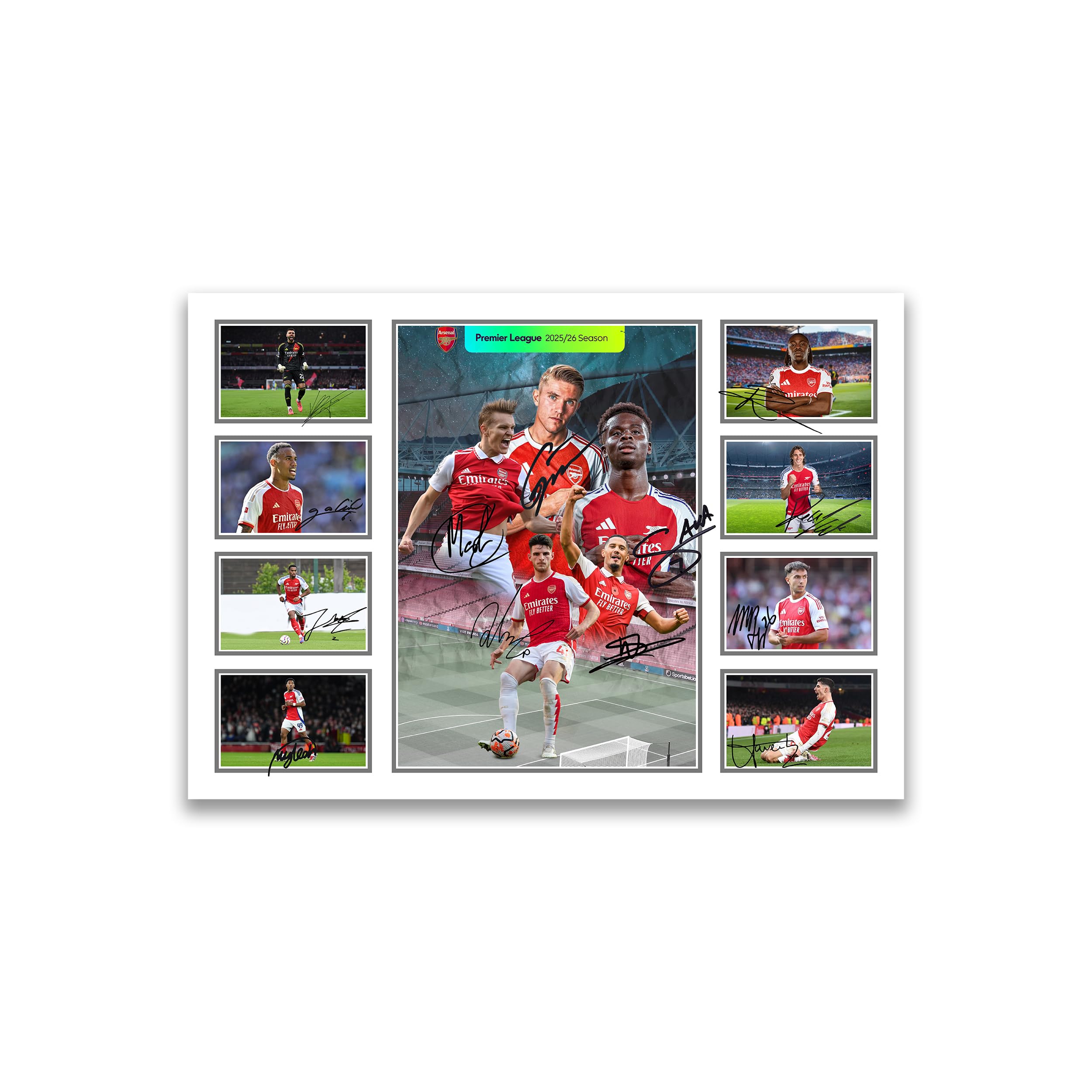 Arsenal Football Club 2025/26 Premier League Squad Poster Print | Autographed Fan Gift | Limited Edition Soccer Collectible Memorabilia Wall Art | Saka, Ødegaard, Rice & Stars (Unframed A4 (30x21cm))