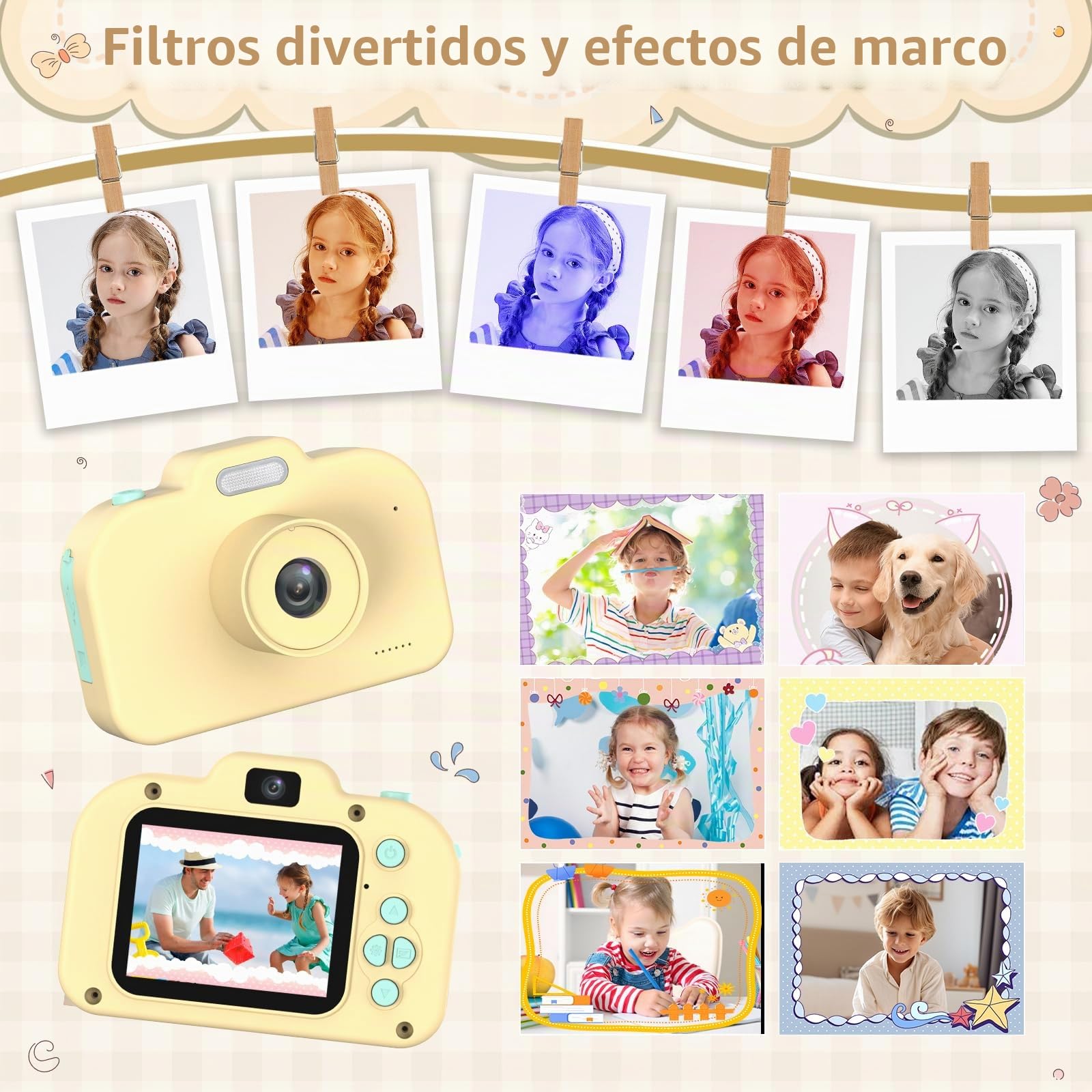 Cámara Fotos Infantil, 1080P HD Cámara Digital para Niños, 2,0" Camara de Fotos con Tarjeta de 32 GB, Regalos para Cumpleaños de Navidad, Juguete para Niñas Niños 3 4 5 6 7 8 9 10 11 12(Amarillo)