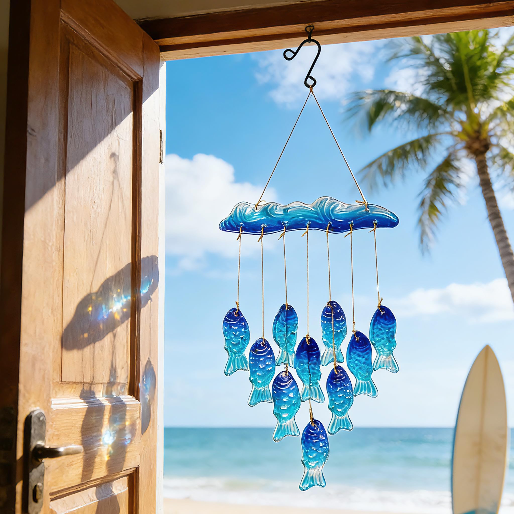 H&D HYALINE & DORA 21 Inch Blue Sea Glass Wind Chimes for Outside Blown Glass Fish Windchime Outdoor Decor for a Harmonic Porch, Patio & Garden-image-42