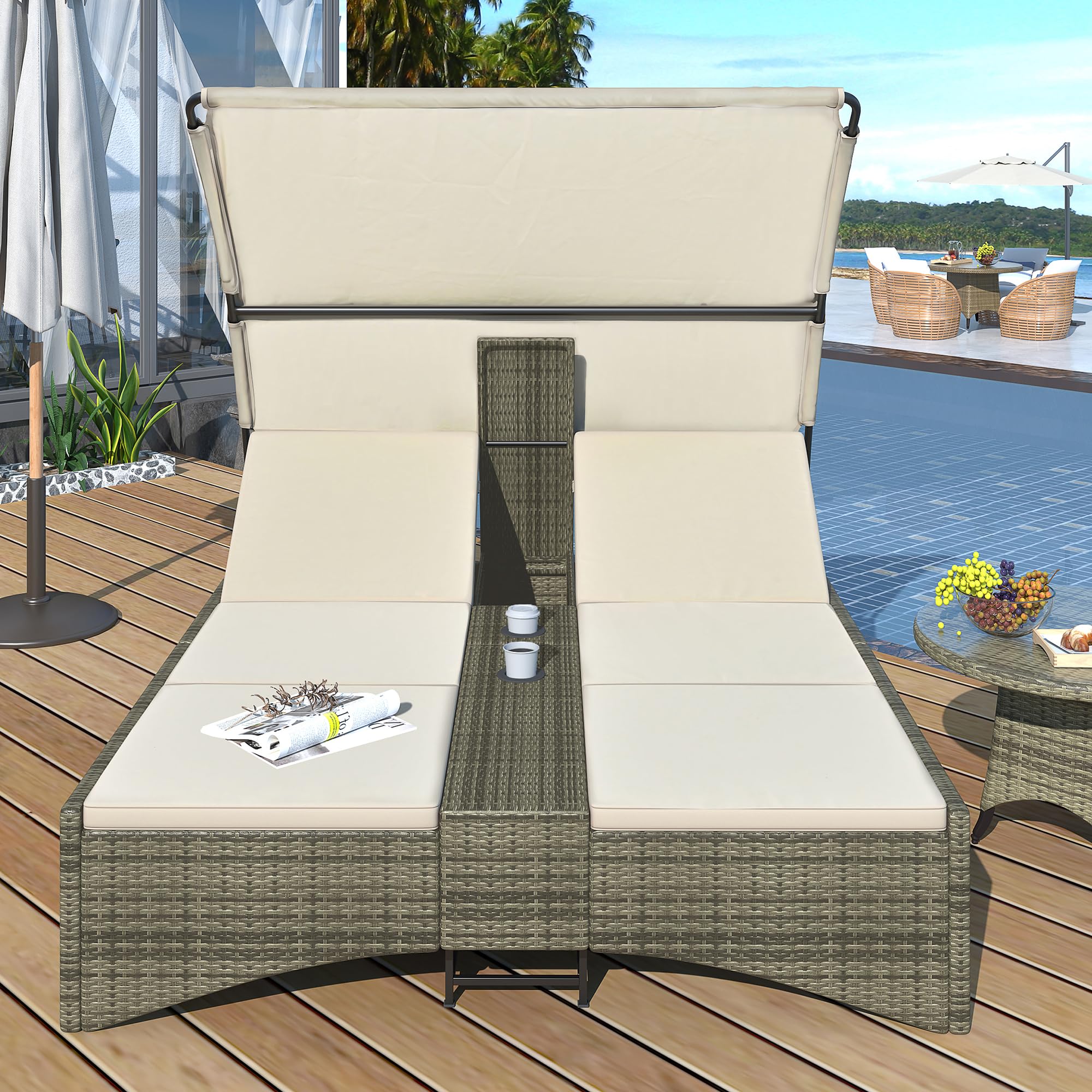 GOWE Patio Daybed Outdoor Daybed Outdoor Rattan Sun Lounger with Shelter Roof with Adjustable Backrest, Storage Box and 2 Cup Holders for Patio, Balcony, Poolside,Cream