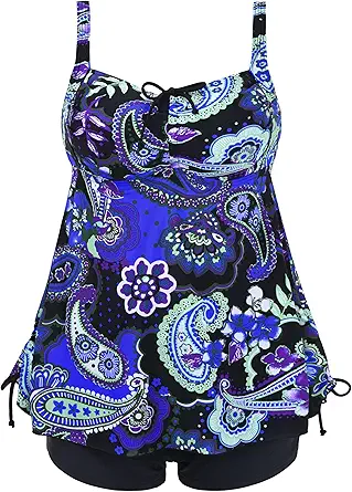 Septangle Women Plus Size Bathing Suits Paisley Print Two Piece Swimsuit Tankini Swimwear