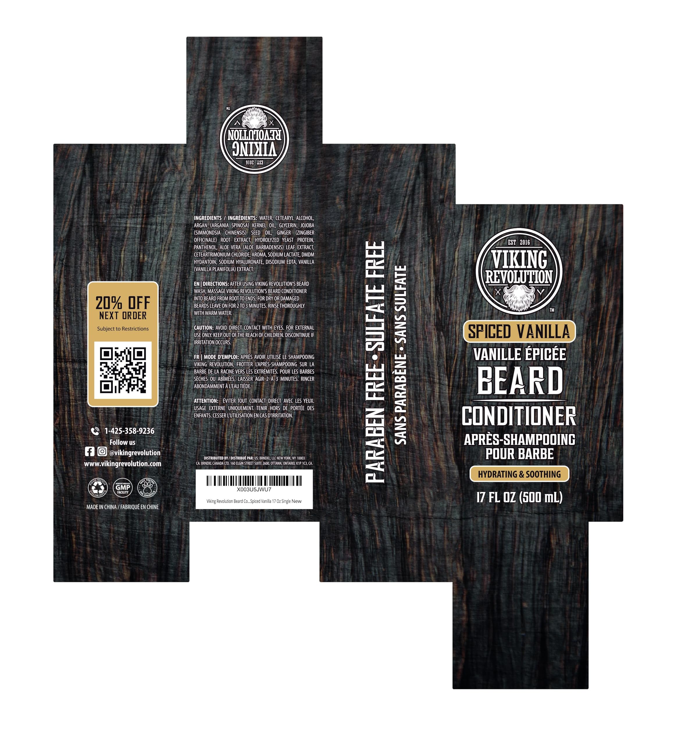 Viking Revolution Spiced Vanilla Beard Conditioner for Men with Argan Oil and Jojoba Oil - Beard Softener and Strengthener Natural Beard Conditioner with Beard Oil - Beard Care Moisturizer (17oz)