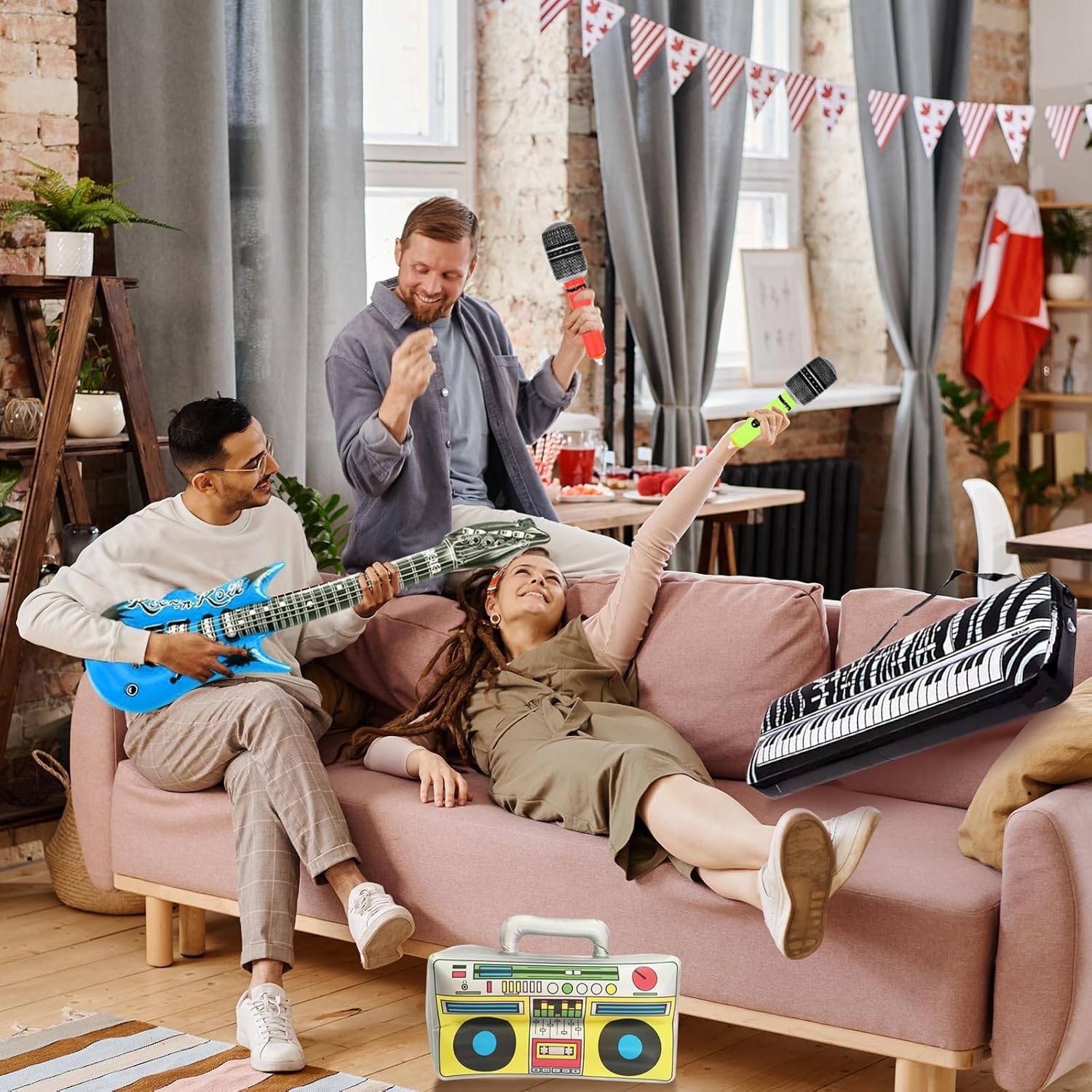 Collezione Gonfiabile di Chitarra Aria – Set di Giocattoli da Festa 6 Pezzi con Chitarre, microfoni e Pianoforte per Atmosfera da Concerto Finale