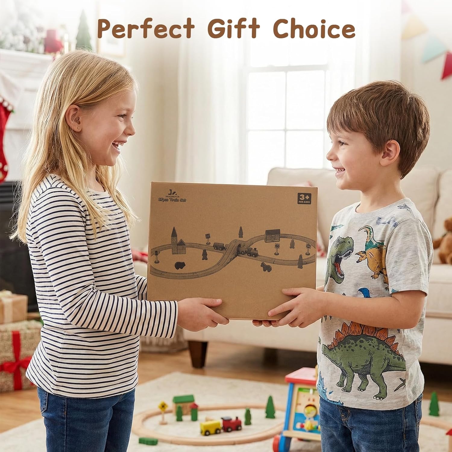 SainSmart Jr. Wooden Train Set for Toddler with Double-Side Train Tracks Fits Brio, Thomas, Melissa and Doug, Kids Wood Toy Train for 3,4,5 Year old Boys and Girls Small Town