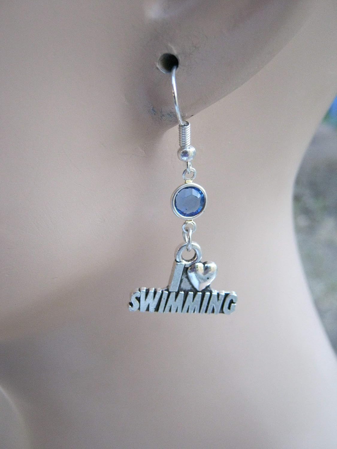 I Love Swimming Birthstone Earrings, Swim Earrings, Athletic Earrings, Swimming Jewelry, Personalized Sports Jewelry