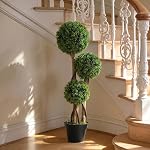 HOMCOM 3FT Artificial Boxwood Topiary Tree, Potted Fake Plant, Triple Ball Tree for Indoor and Outdoor, Light Green