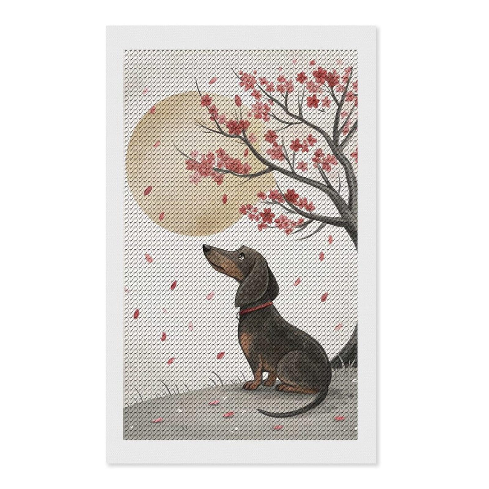 Junmoney Dachshund Under Cherry Blossoms DIY Diamond Art Canvas Kit 12"x20", for Adults, Decorate Your Room, Gift Idea, Modern Decor, Finish and Display