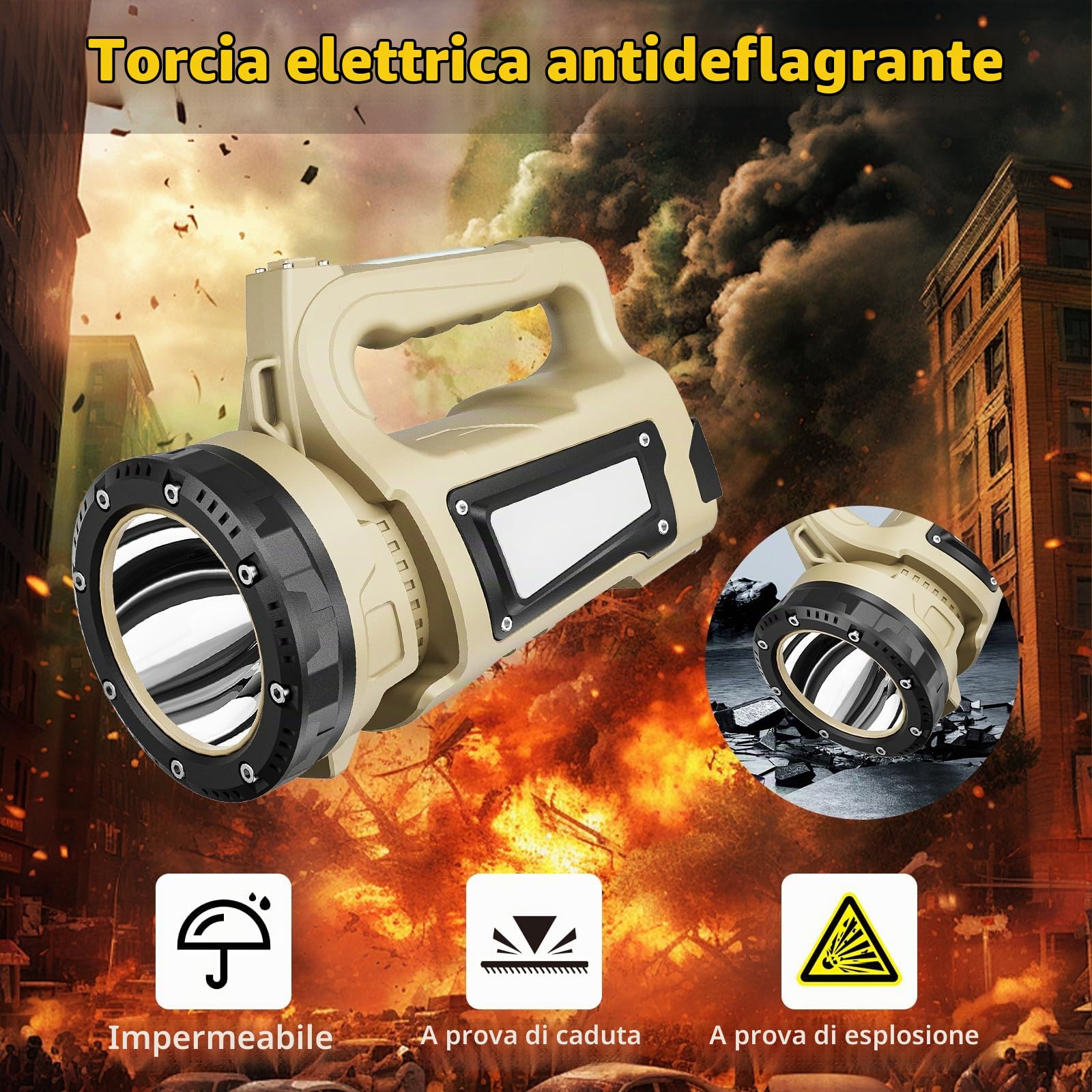 Masmejor Antideflagrante Torcia LED Ricaricabile, 3000LM, 12000mAh | Portata di 1000m, 8 Modalità, 3 Luci Indipendenti, Indicatore Digitale di Batteria, Portatile per Industria, Aeroporti