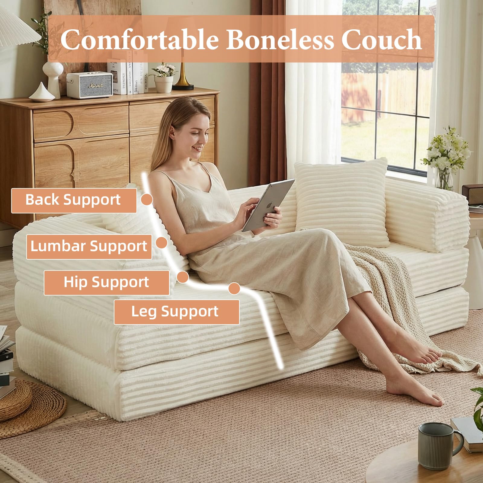 78 Inch Convertible Futon Sofa Bed,Folding Boneless Couch with Sleeper Sofa,Fold Out Floor Sofa Couch with Deep Seat,Cloud Corduroy Foldable Mattress Couches for Living Room(Off White)