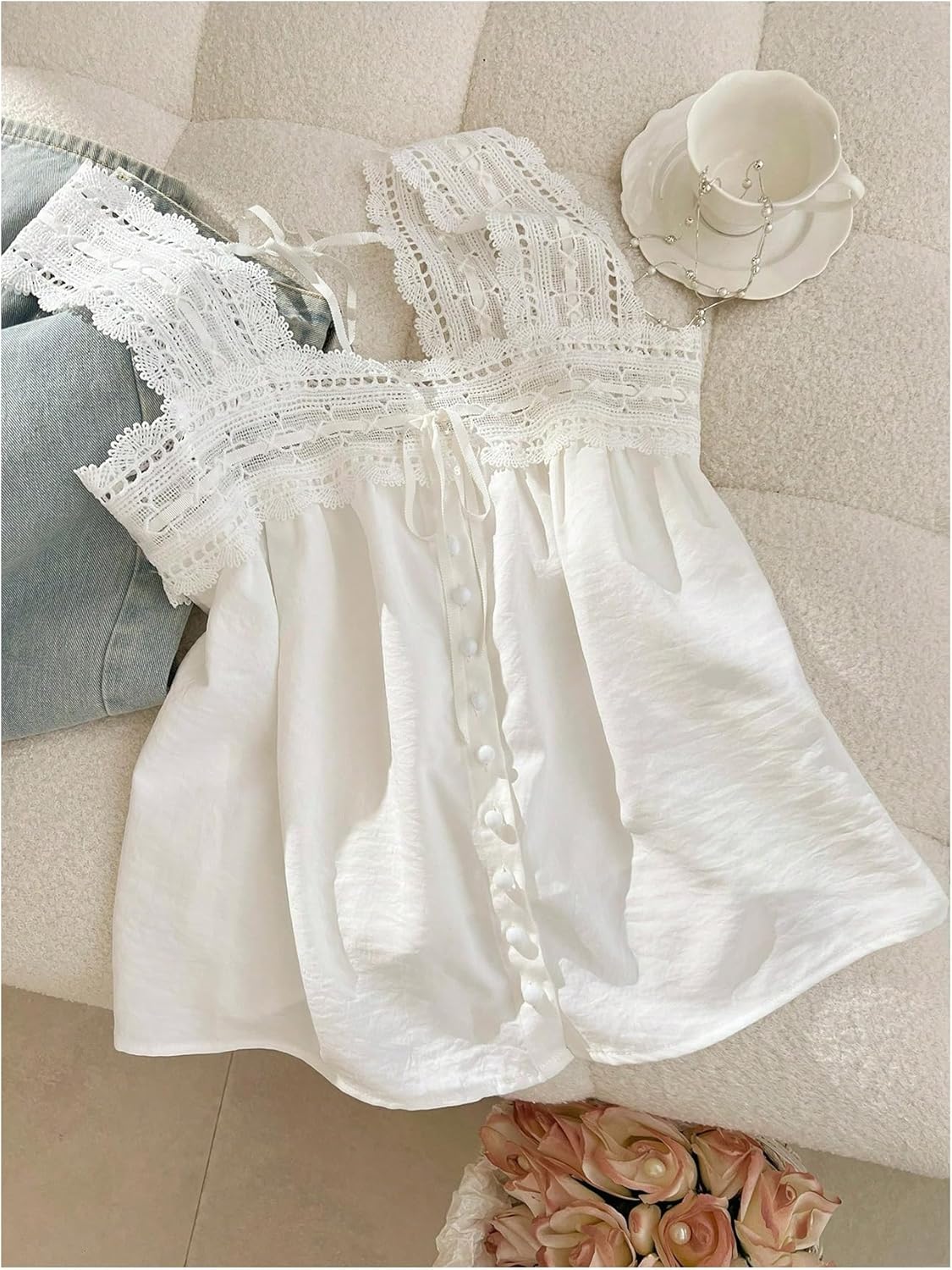 SweatyRocks Women's Lace Embroidery Bow Tie Ruffle Blouses Square Neck Button Sleeveless Summer Shirts - Image 2