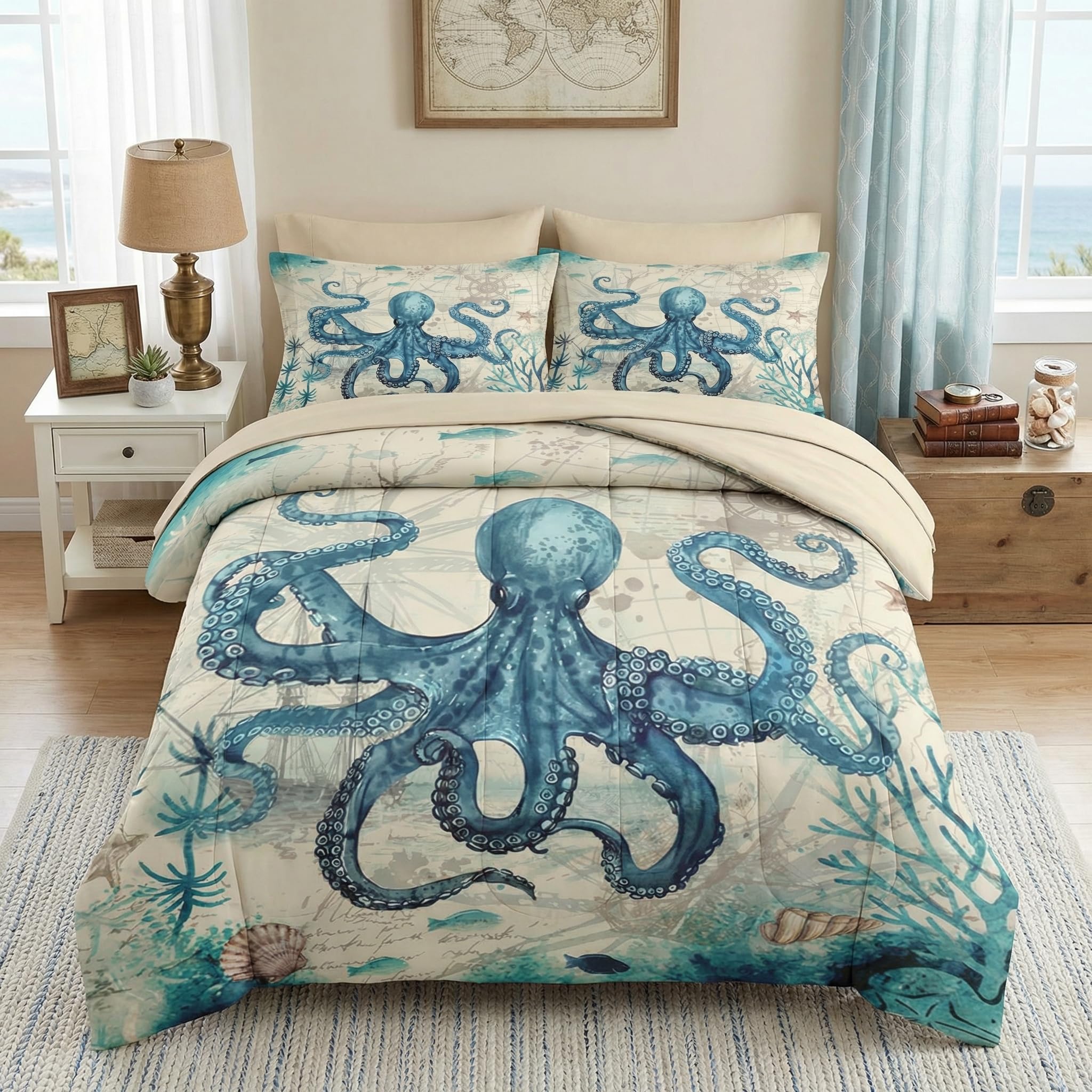 Photo 1 of Pamnest Comforter Set King Size, Octopus Beach 7 Pcs Bedding for Kids and Adults, Summer Sea Animal Bed Sheet Sets with Fitted Sheet 2 Pillowcase & 2 Sham for Bedroom Bed Decor
