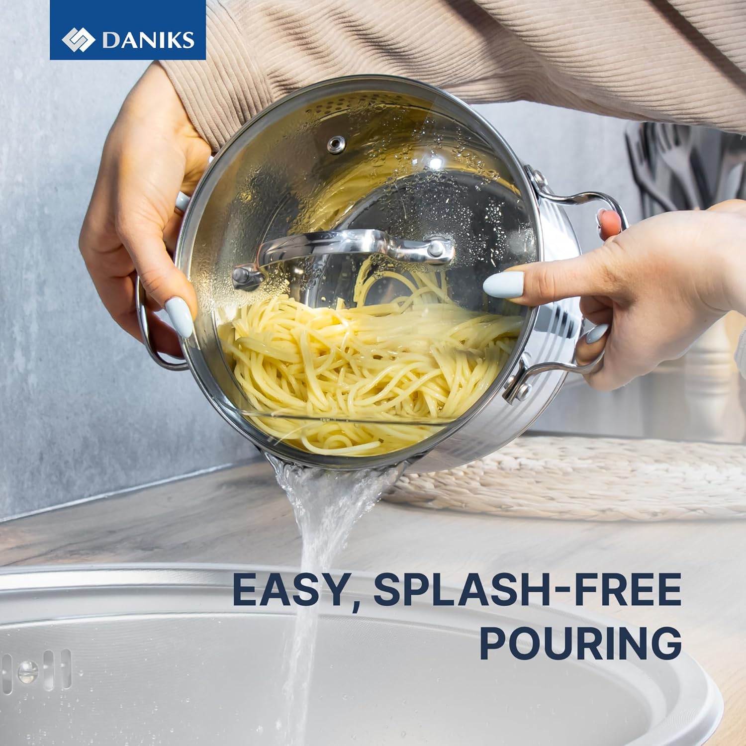 Daniks Tokio Stainless Steel Stock Pot 4.5 Quart, with Glass Strainer Lid, Induction Ready, Dishwasher Safe, Measuring Scale, Silver - Image 9