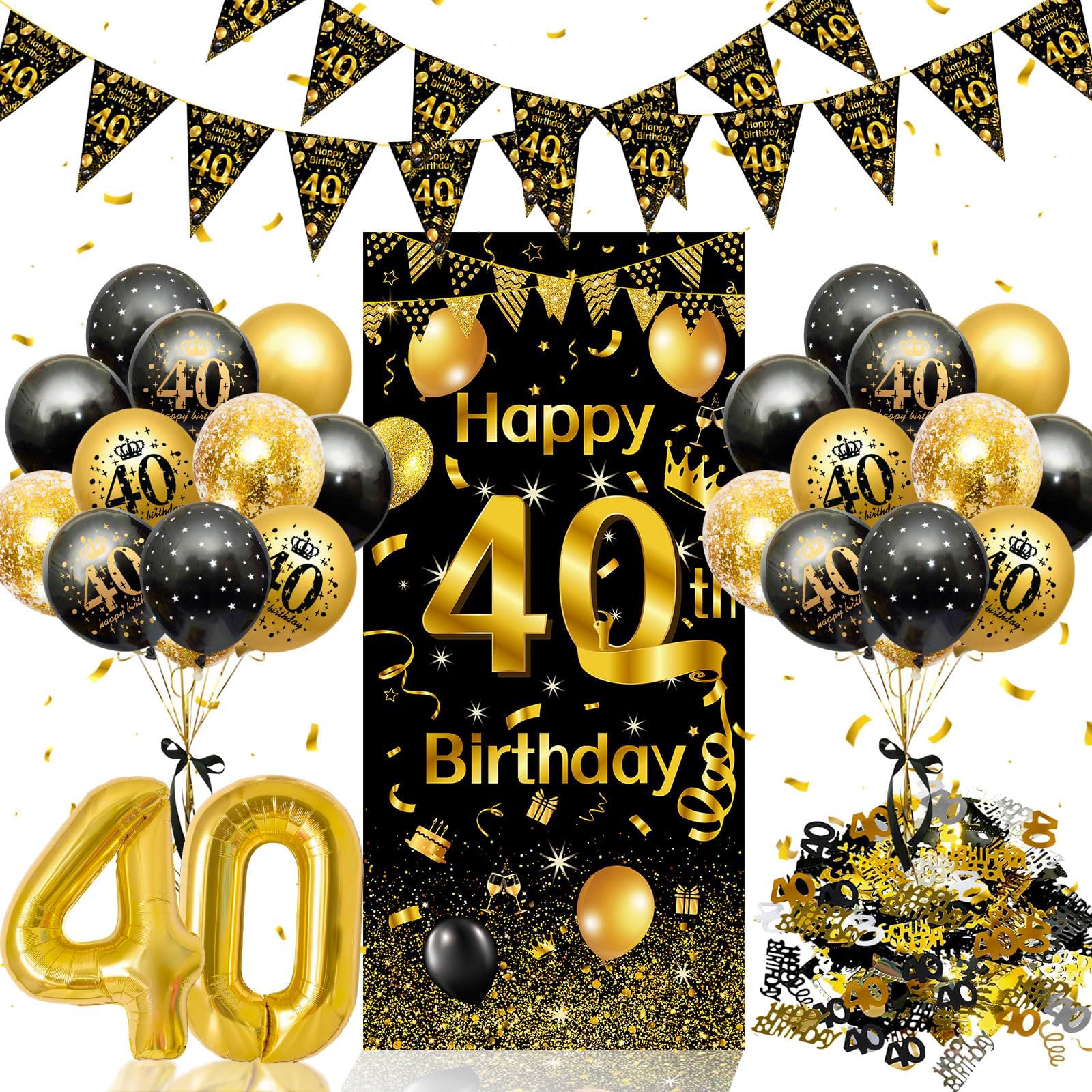 40 Geburtstag Deko,Rainllon Konfetti Deko 40 Geburtstag Männer Frauen,40. Geburtstagsdeko Luftballons Schwarz Gold,Geburtstagsdeko 40 Jahre Lange Banner Hintergrund für Frau Mann